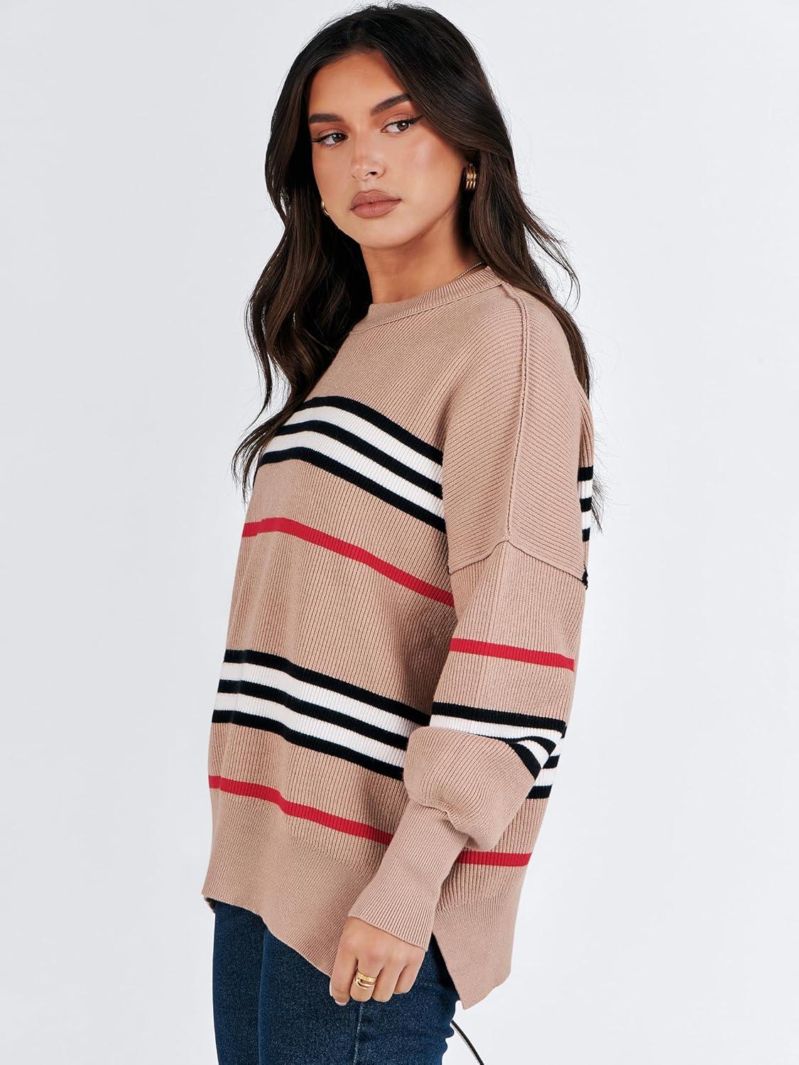 imageANRABESS Womens Oversized Sweaters Fall 2025 Fashion Crewneck Batwing Long Sleeve Side Slit Knit Pullover Sweater TopsStripe Khaki Black