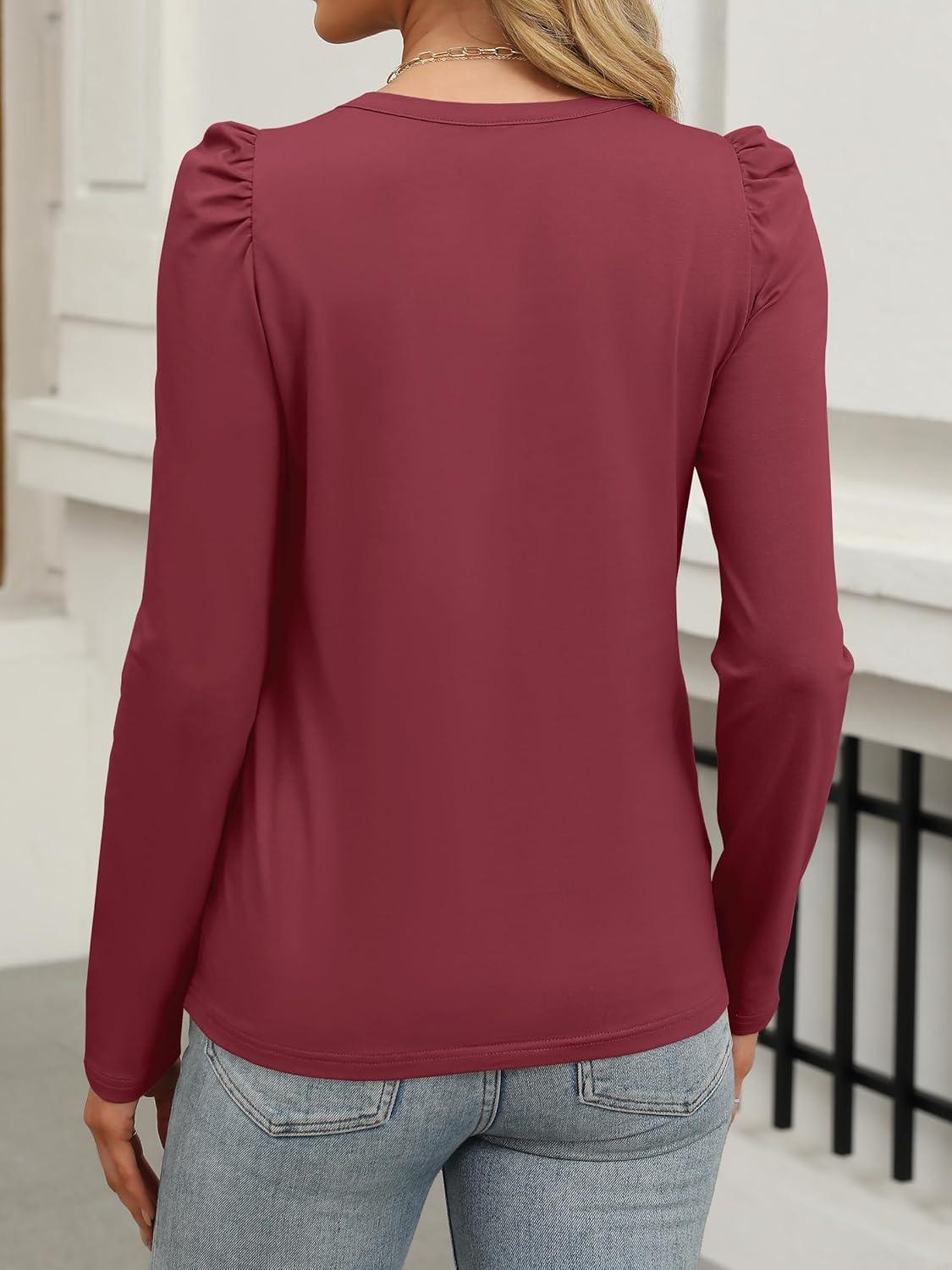 imageANRABESS Womens Puff Long Sleeve Shirts Crewneck Fall Tops Basic Dressy Casual Blouses 2025 Trendy OutfitsBurgundy