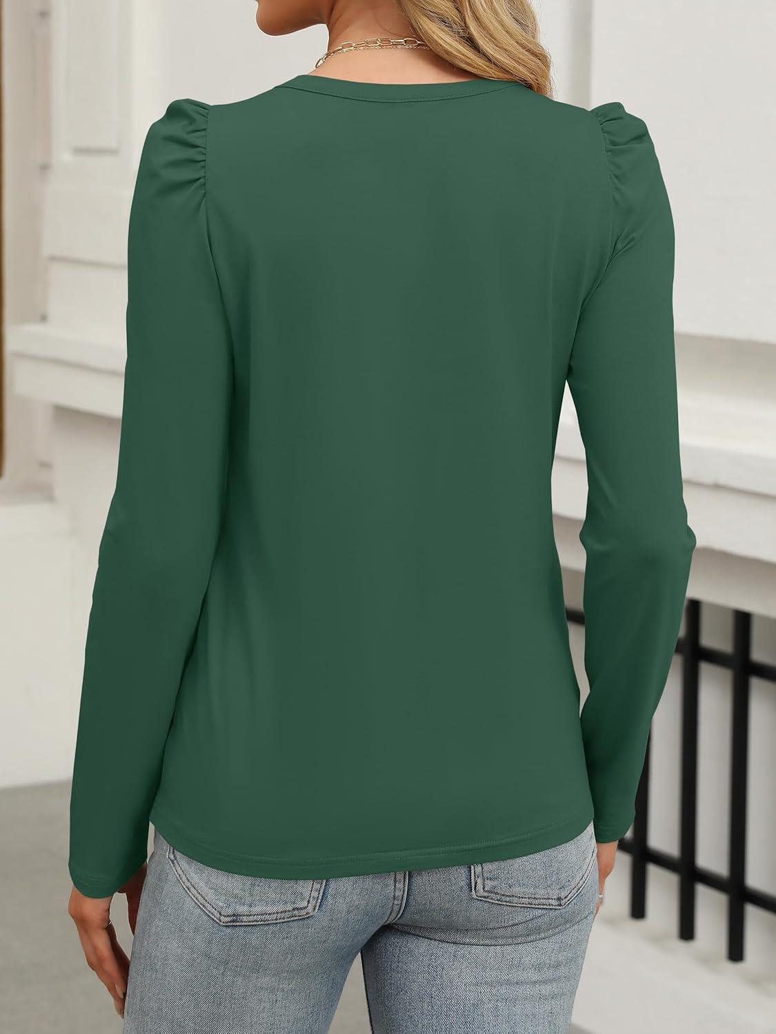 imageANRABESS Womens Puff Long Sleeve Shirts Crewneck Fall Tops Basic Dressy Casual Blouses 2025 Trendy OutfitsDark Green