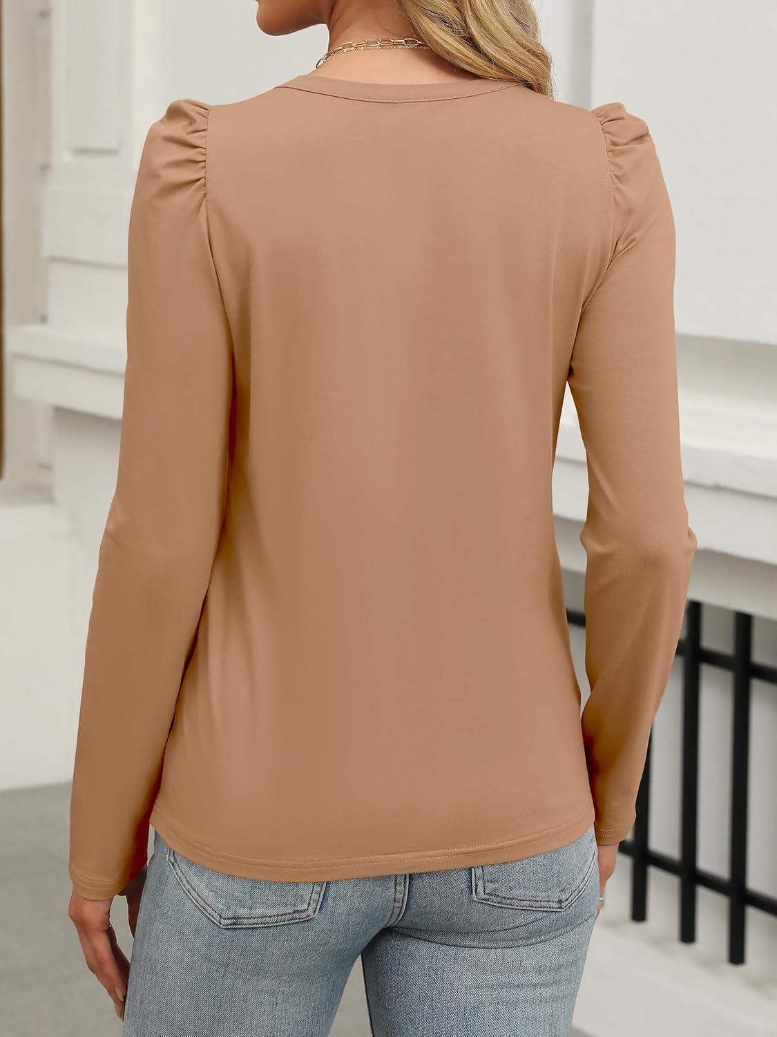 imageANRABESS Womens Puff Long Sleeve Shirts Crewneck Fall Tops Basic Dressy Casual Blouses 2025 Trendy OutfitsDeep Khaki