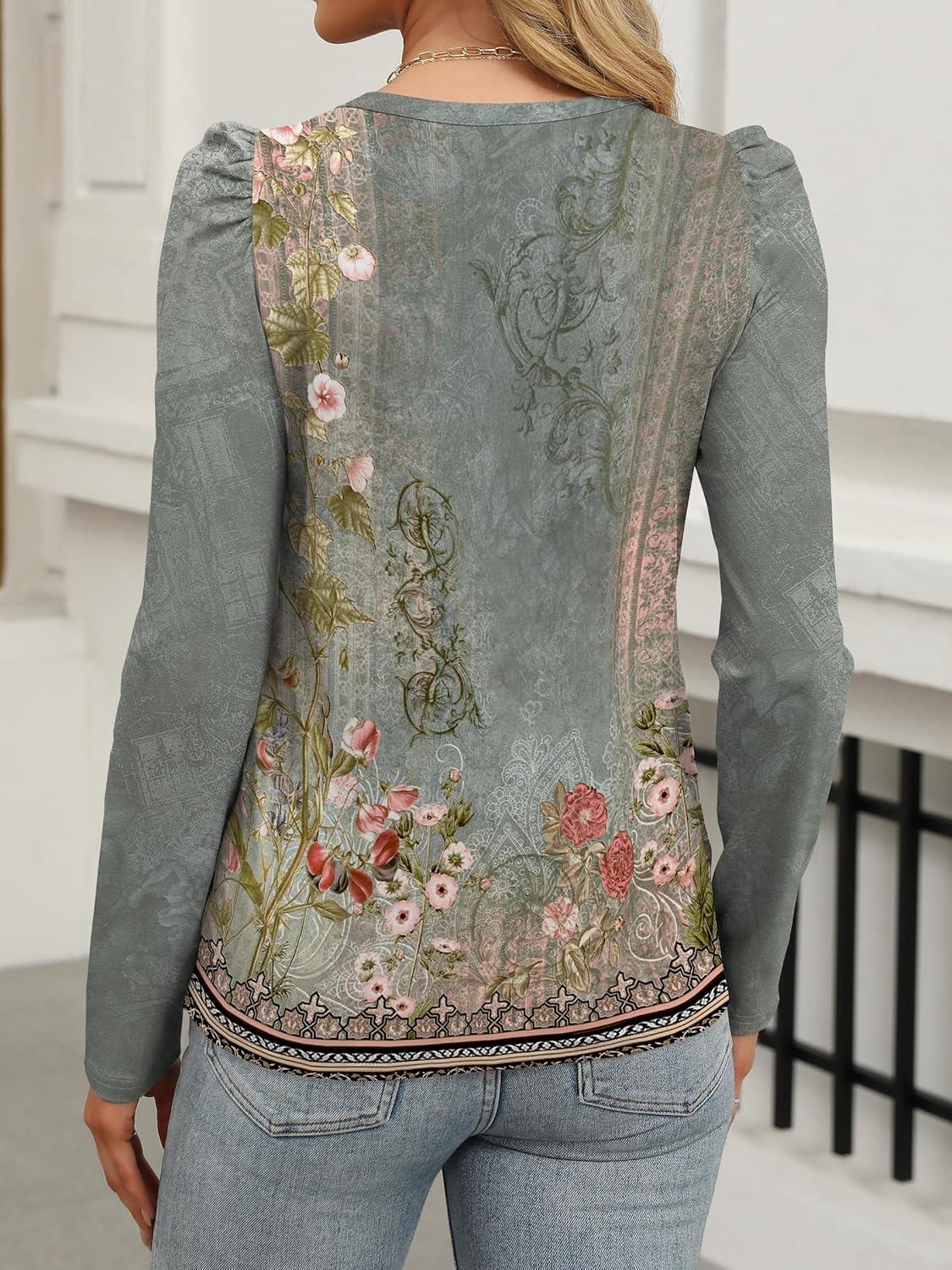 imageANRABESS Womens Puff Long Sleeve Shirts Crewneck Fall Tops Basic Dressy Casual Blouses 2025 Trendy OutfitsFloral Green Flower