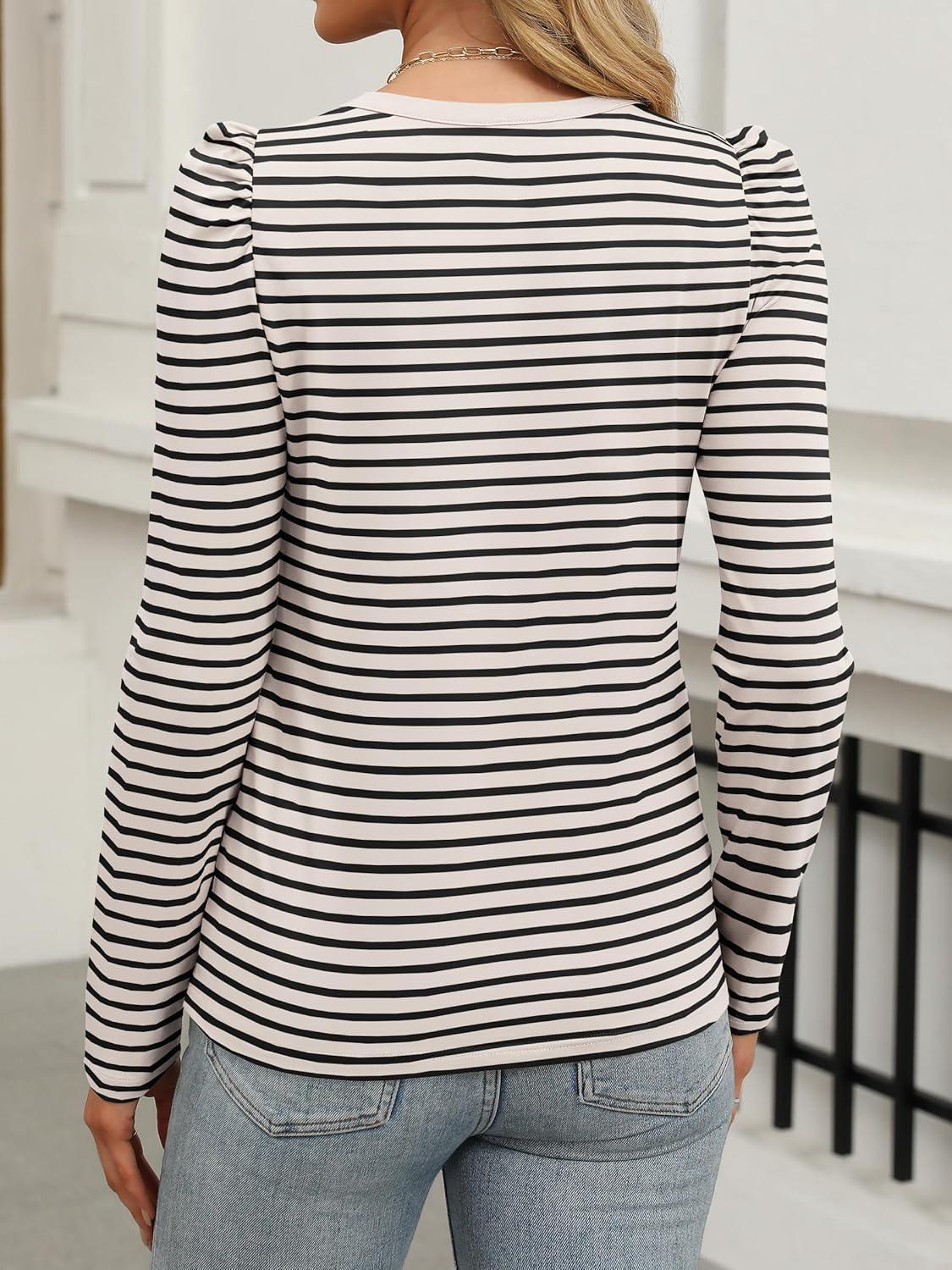 imageANRABESS Womens Puff Long Sleeve Shirts Crewneck Fall Tops Basic Dressy Casual Blouses 2025 Trendy OutfitsStripe Almond
