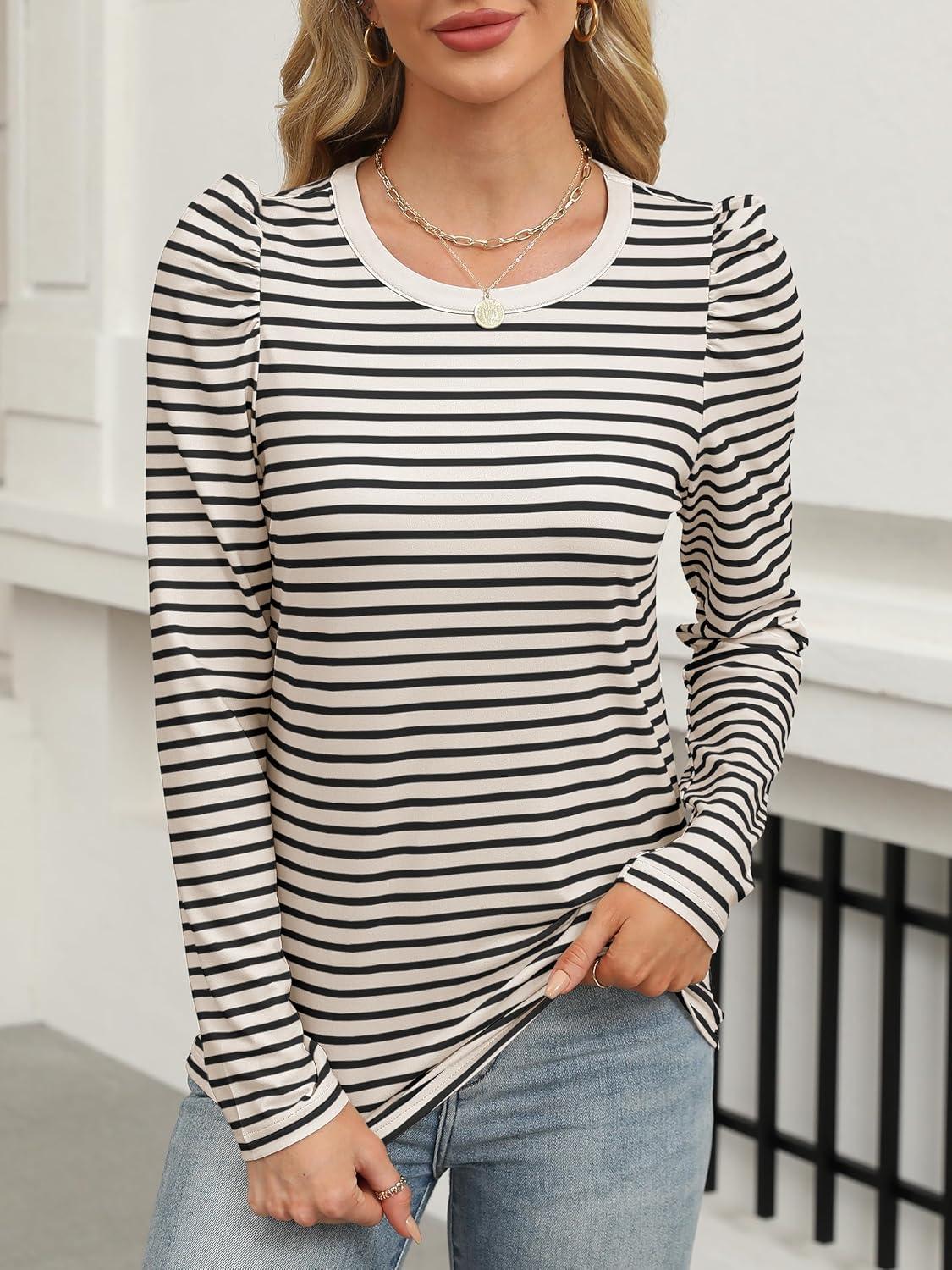 imageANRABESS Womens Puff Long Sleeve Shirts Crewneck Fall Tops Basic Dressy Casual Blouses 2025 Trendy OutfitsStripe Almond