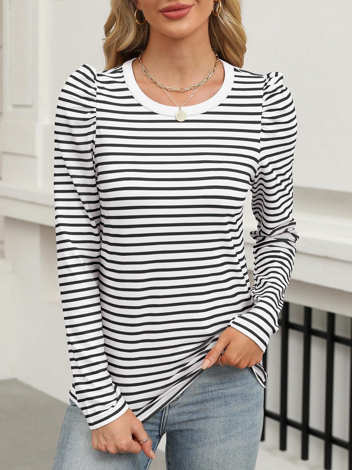 imageANRABESS Womens Puff Long Sleeve Shirts Crewneck Fall Tops Basic Dressy Casual Blouses 2025 Trendy OutfitsStripe Black