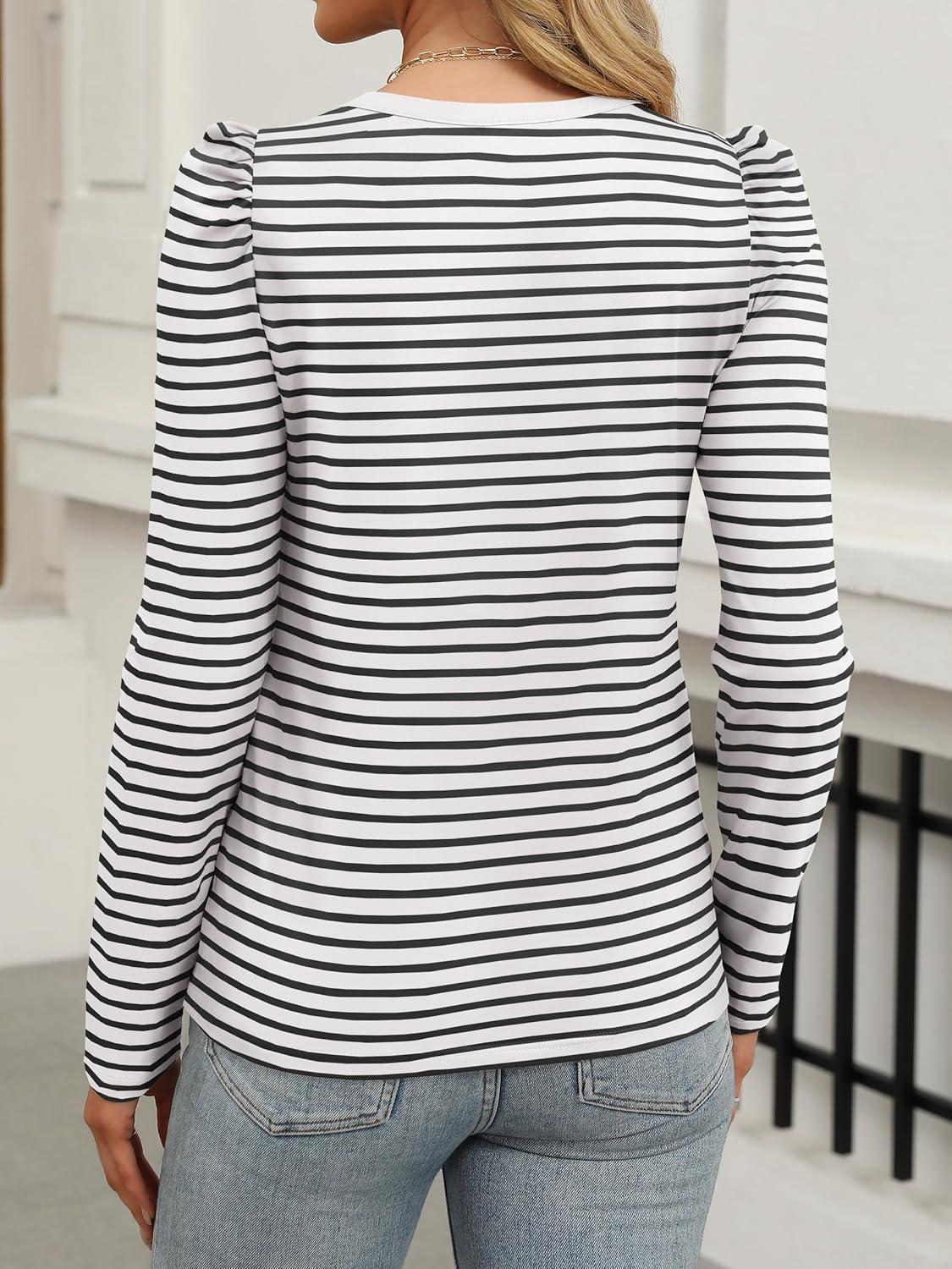imageANRABESS Womens Puff Long Sleeve Shirts Crewneck Fall Tops Basic Dressy Casual Blouses 2025 Trendy OutfitsStripe Black