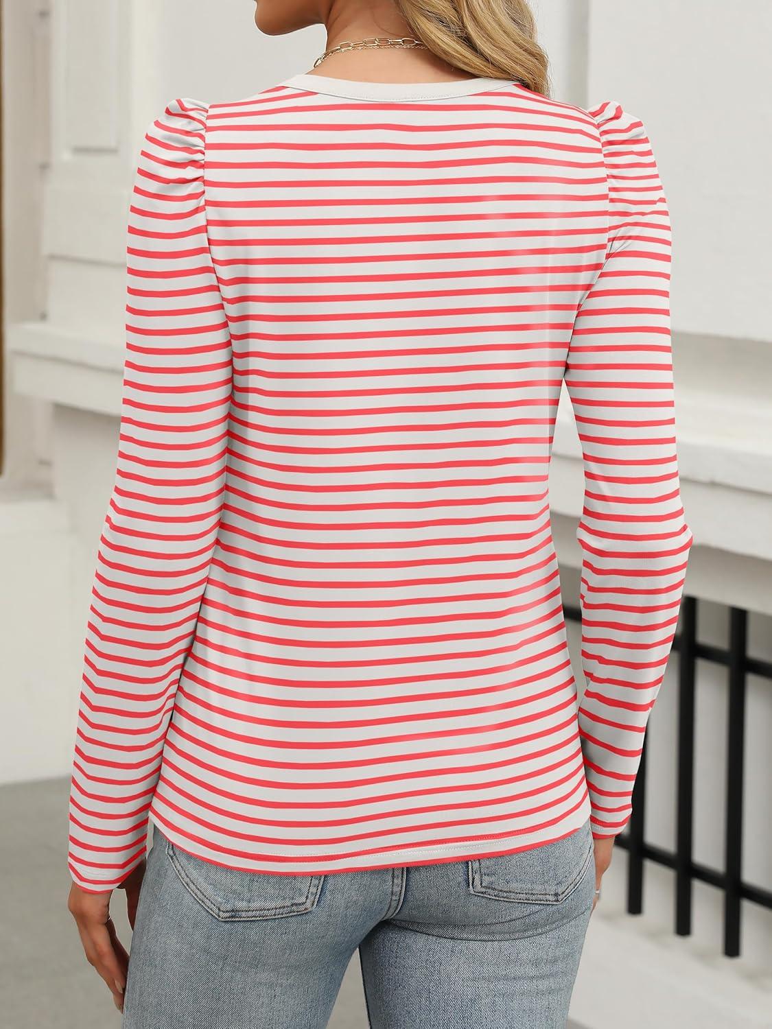 imageANRABESS Womens Puff Long Sleeve Shirts Crewneck Fall Tops Basic Dressy Casual Blouses 2025 Trendy OutfitsStripe Coral Red
