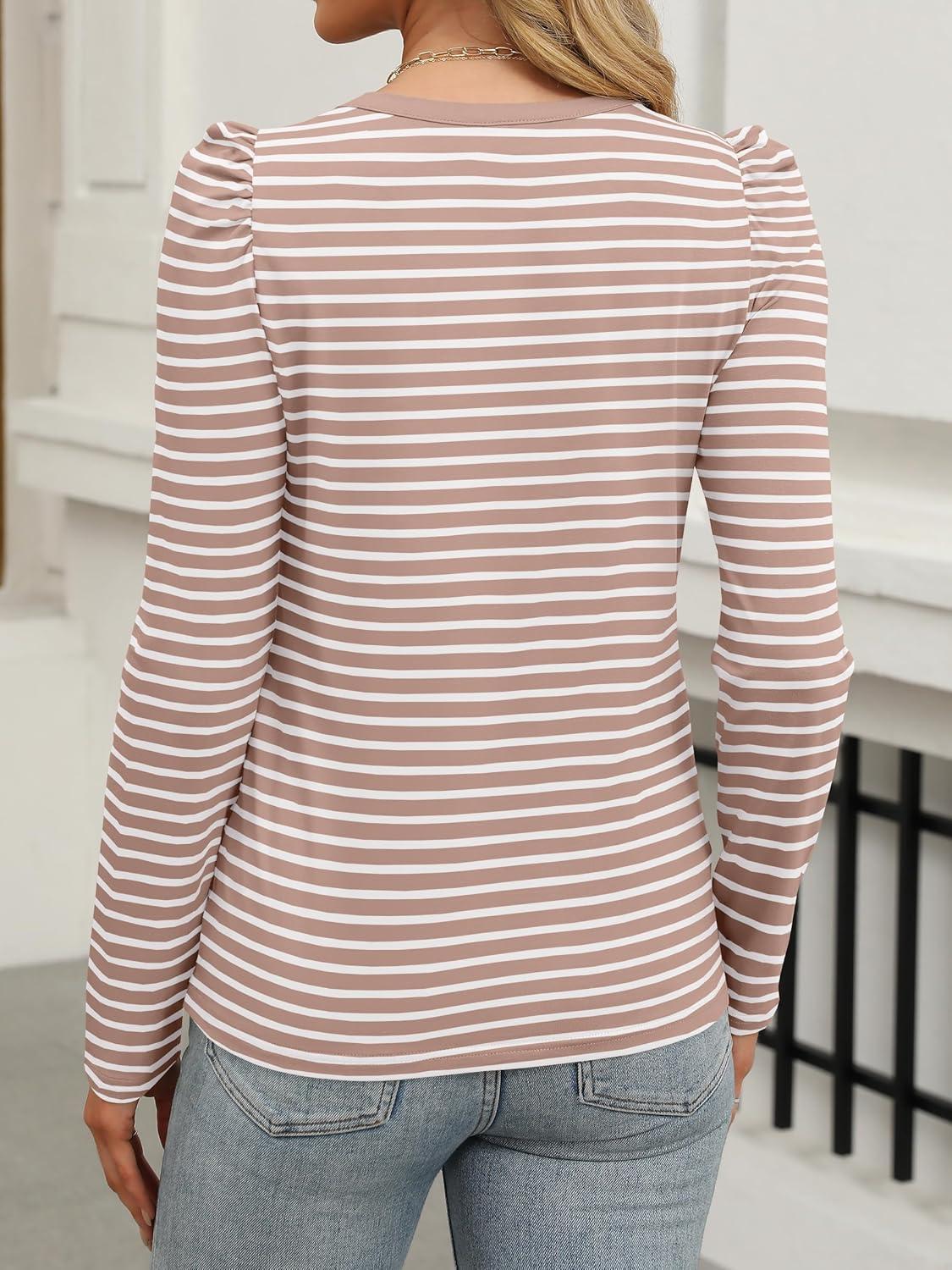 imageANRABESS Womens Puff Long Sleeve Shirts Crewneck Fall Tops Basic Dressy Casual Blouses 2025 Trendy OutfitsStripe Light Khaki