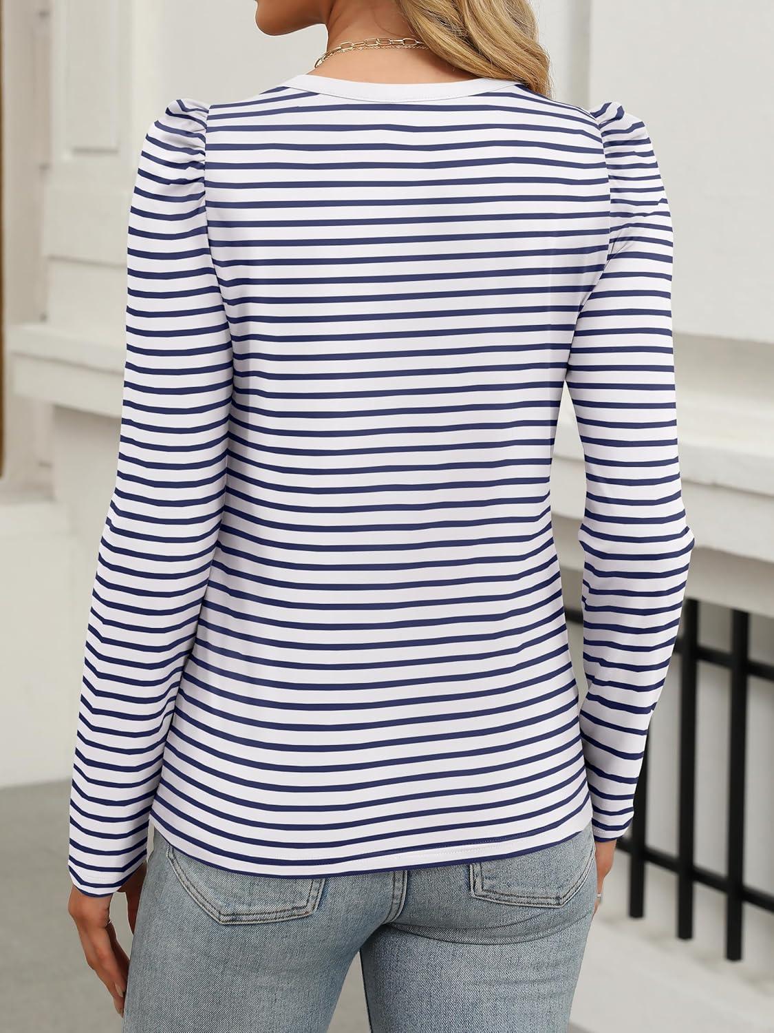 imageANRABESS Womens Puff Long Sleeve Shirts Crewneck Fall Tops Basic Dressy Casual Blouses 2025 Trendy OutfitsStripe Navy Blue