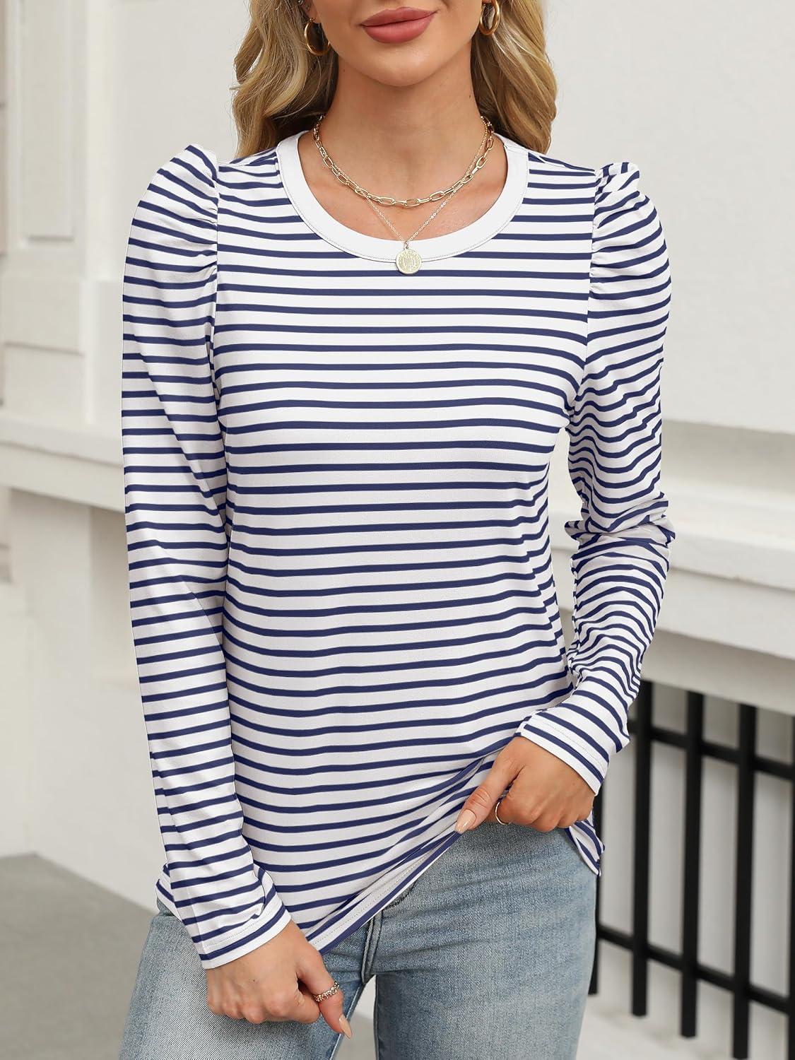 imageANRABESS Womens Puff Long Sleeve Shirts Crewneck Fall Tops Basic Dressy Casual Blouses 2025 Trendy OutfitsStripe Navy Blue