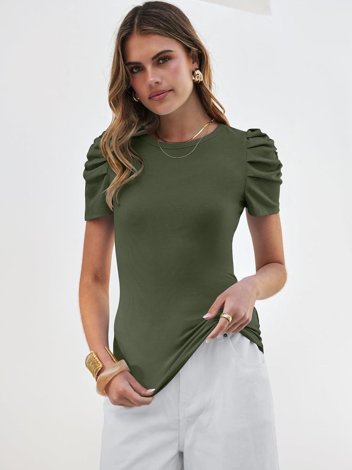imageANRABESS Womens Puff Sleeve Crewneck Dressy Casual Tops Summer Fitted Ribbed Knit Trendy Going Out T Shirts 2026 SpringArmy Green