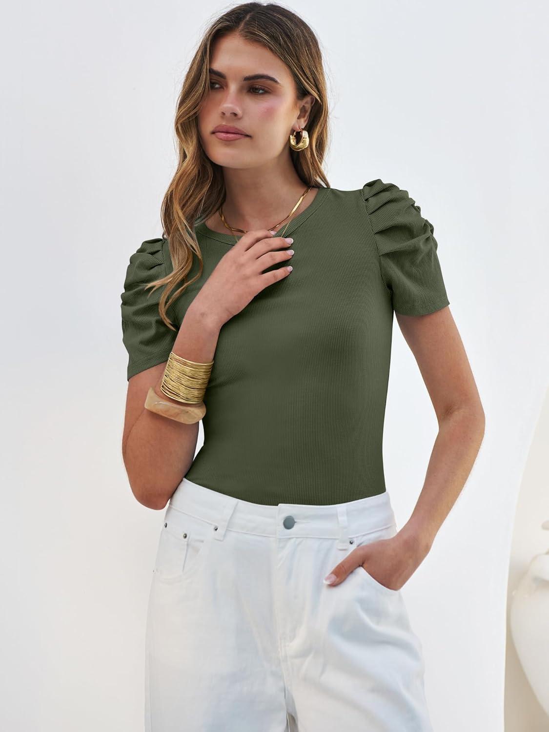 imageANRABESS Womens Puff Sleeve Crewneck Dressy Casual Tops Summer Fitted Ribbed Knit Trendy Going Out T Shirts 2026 SpringArmy Green