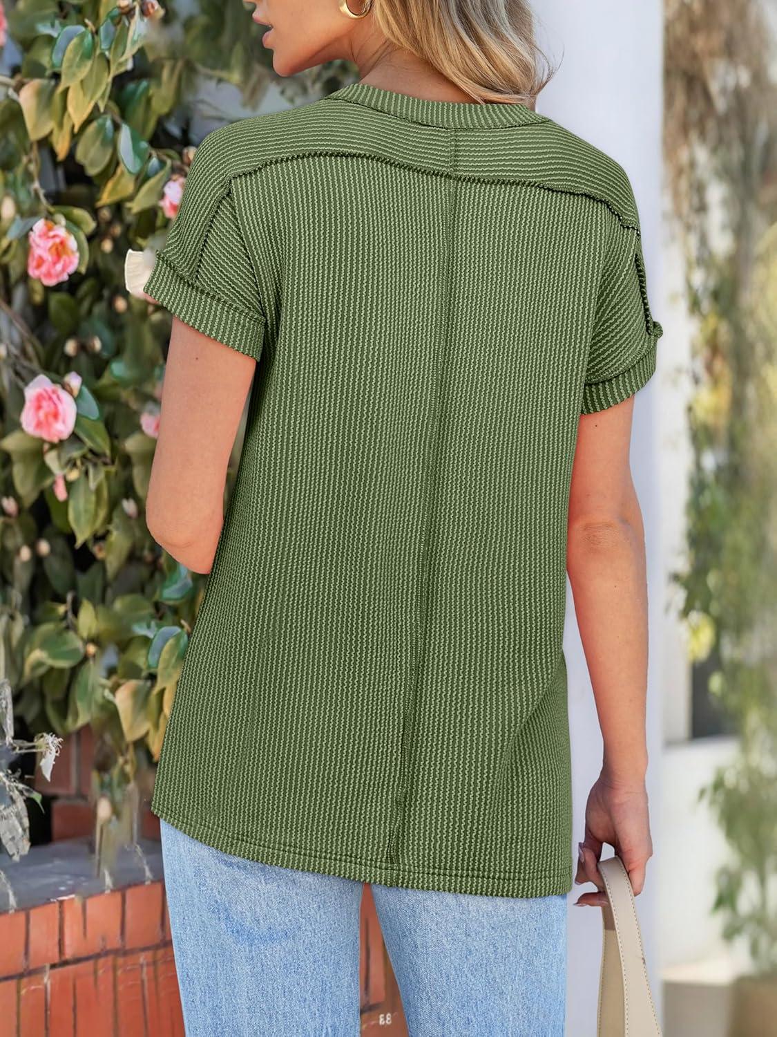 imageANRABESS Womens Short Sleeve Crewneck Shirts Ribbed Knit High Low Hem T Shirt 2025 Summer Spring Casual Tops Trendy ClothesArmy Green