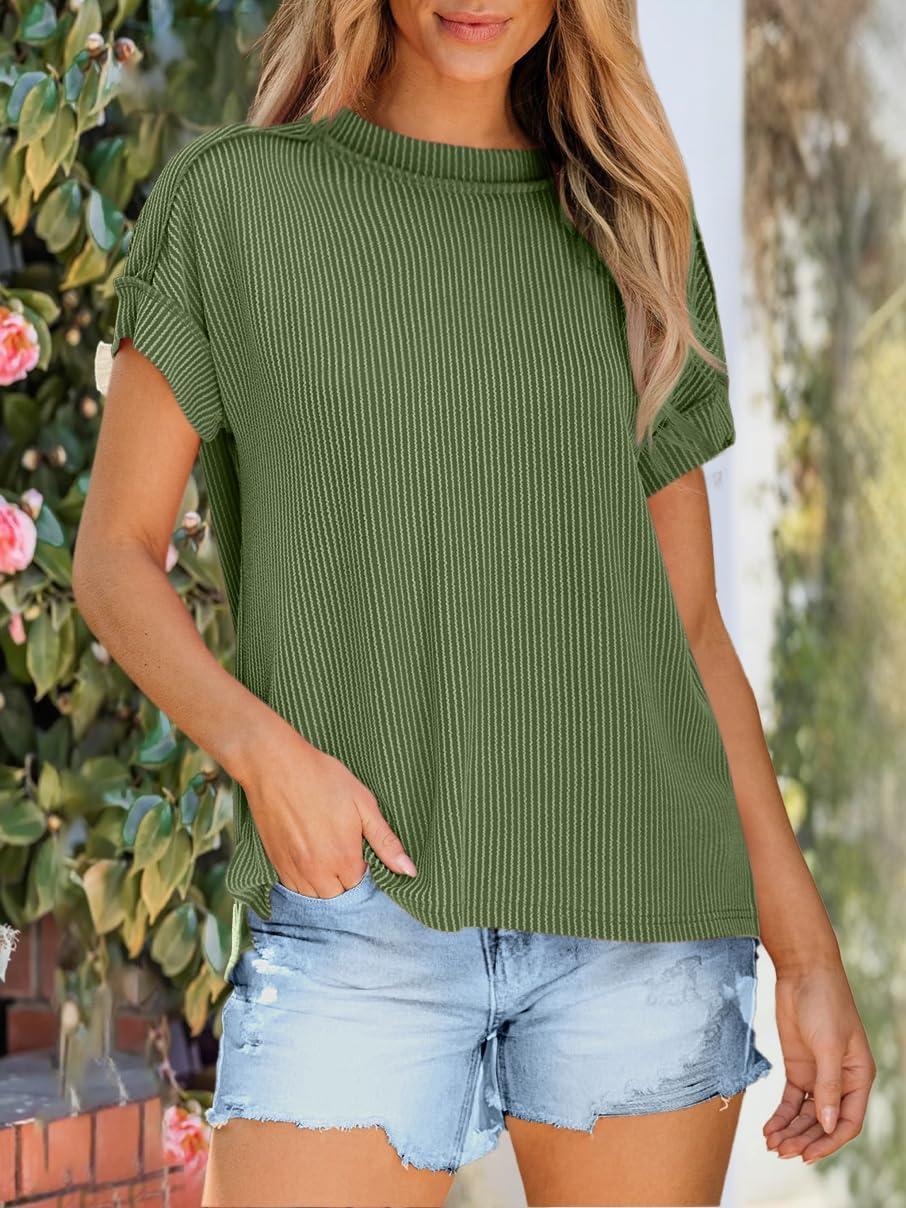 imageANRABESS Womens Short Sleeve Crewneck Shirts Ribbed Knit High Low Hem T Shirt 2025 Summer Spring Casual Tops Trendy ClothesArmy Green