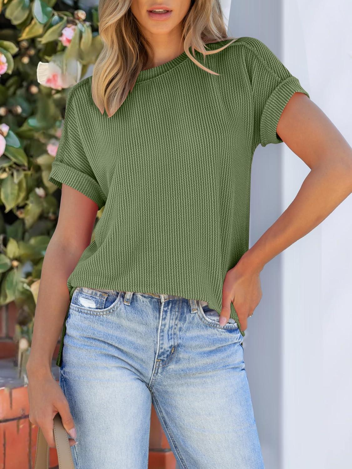 imageANRABESS Womens Short Sleeve Crewneck Shirts Ribbed Knit High Low Hem T Shirt 2025 Summer Spring Casual Tops Trendy ClothesArmy Green