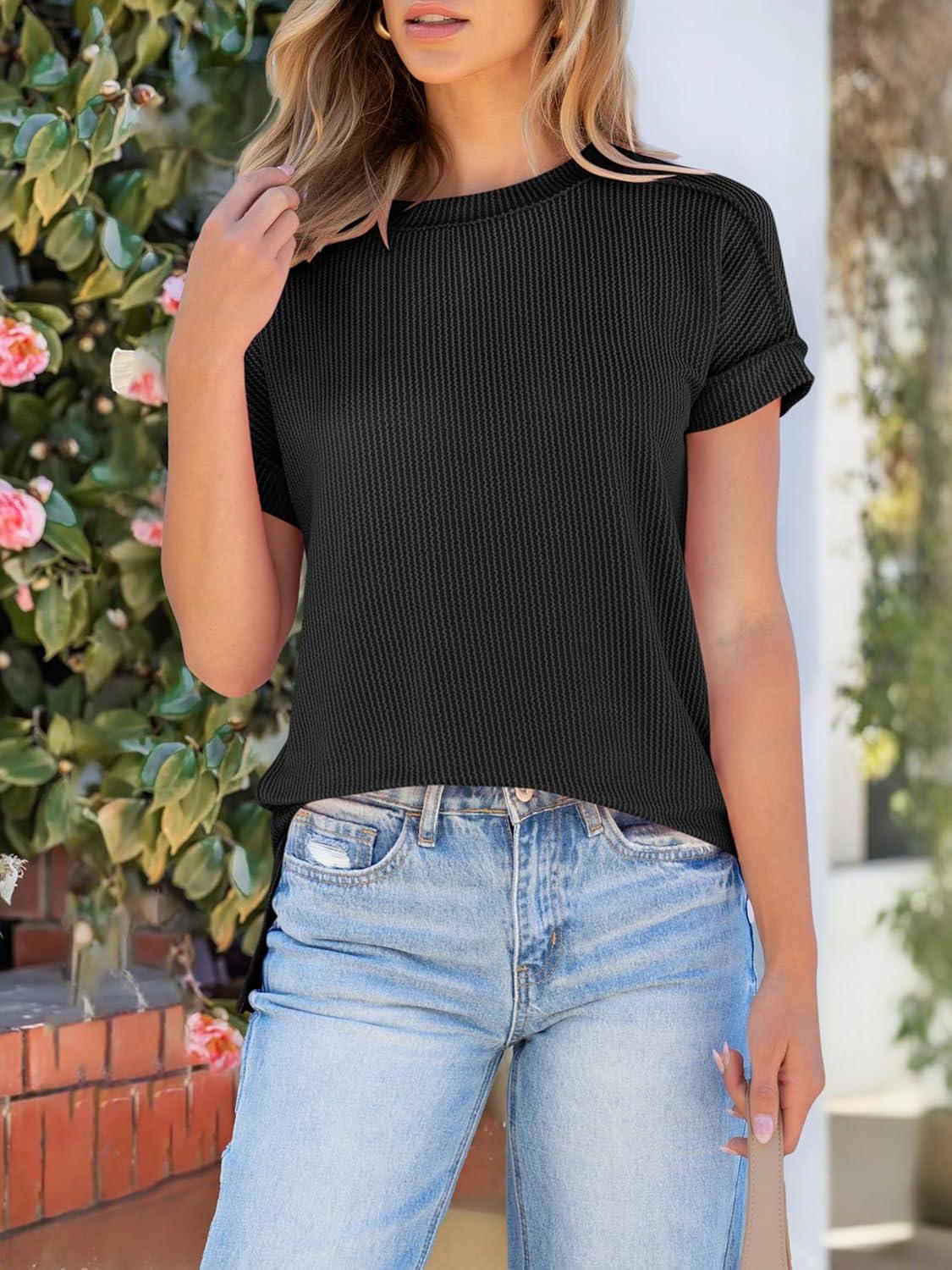 imageANRABESS Womens Short Sleeve Crewneck Shirts Ribbed Knit High Low Hem T Shirt 2025 Summer Spring Casual Tops Trendy ClothesBlack