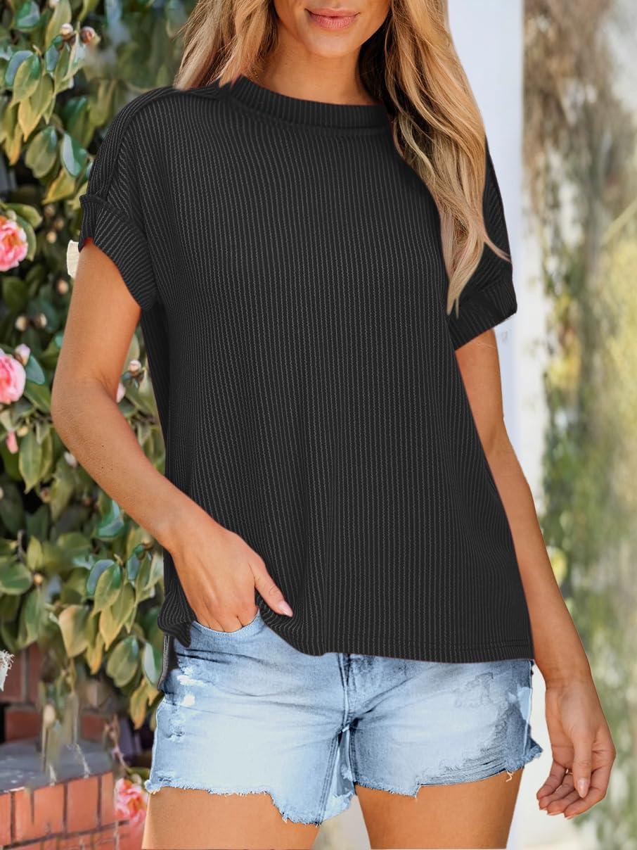 imageANRABESS Womens Short Sleeve Crewneck Shirts Ribbed Knit High Low Hem T Shirt 2025 Summer Spring Casual Tops Trendy ClothesBlack