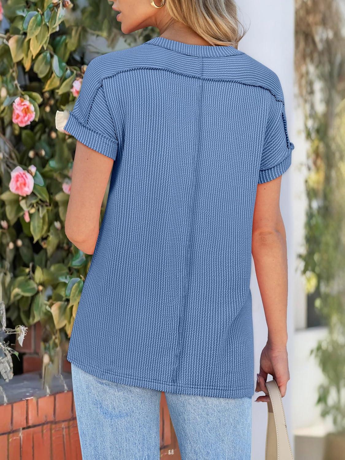 imageANRABESS Womens Short Sleeve Crewneck Shirts Ribbed Knit High Low Hem T Shirt 2025 Summer Spring Casual Tops Trendy ClothesBlue