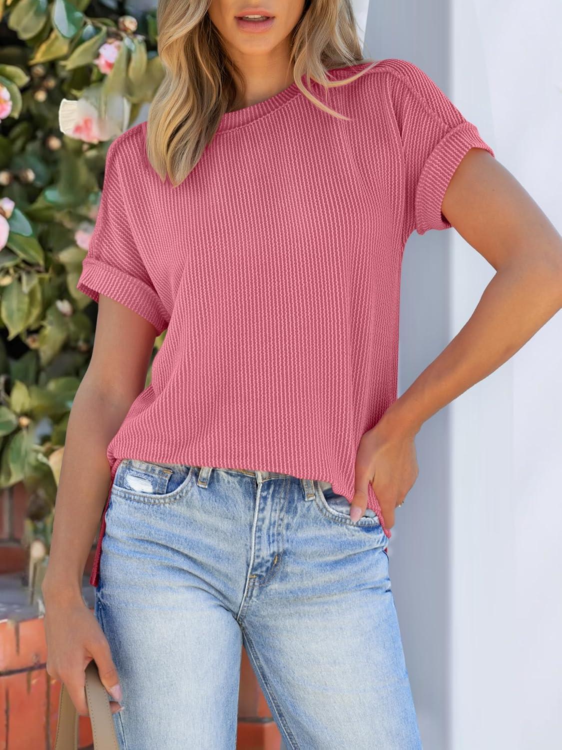 imageANRABESS Womens Short Sleeve Crewneck Shirts Ribbed Knit High Low Hem T Shirt 2025 Summer Spring Casual Tops Trendy ClothesCoral Pink