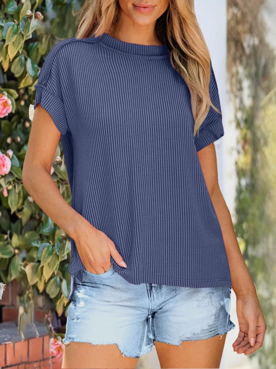 imageANRABESS Womens Short Sleeve Crewneck Shirts Ribbed Knit High Low Hem T Shirt 2025 Summer Spring Casual Tops Trendy ClothesDark Blue