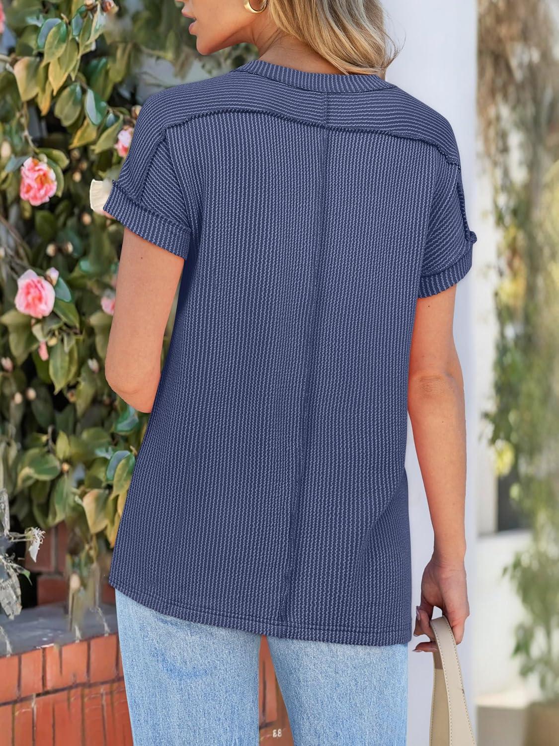 imageANRABESS Womens Short Sleeve Crewneck Shirts Ribbed Knit High Low Hem T Shirt 2025 Summer Spring Casual Tops Trendy ClothesDark Blue