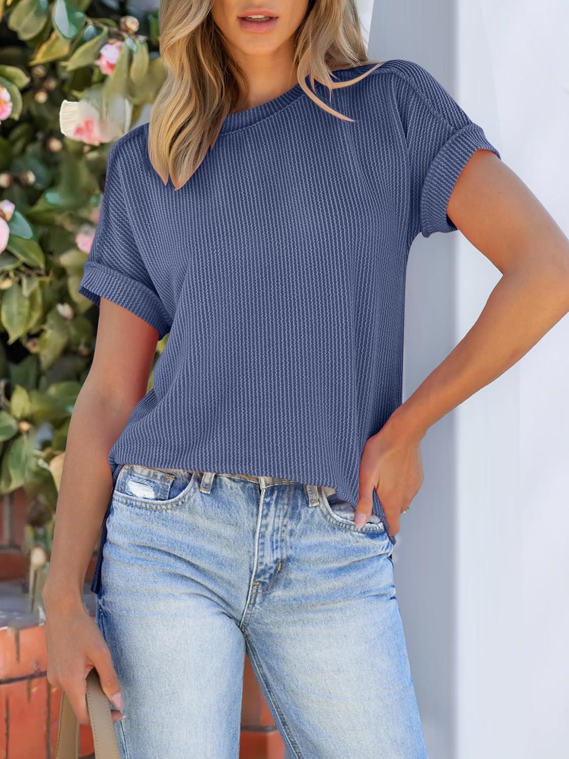 imageANRABESS Womens Short Sleeve Crewneck Shirts Ribbed Knit High Low Hem T Shirt 2025 Summer Spring Casual Tops Trendy ClothesDark Blue