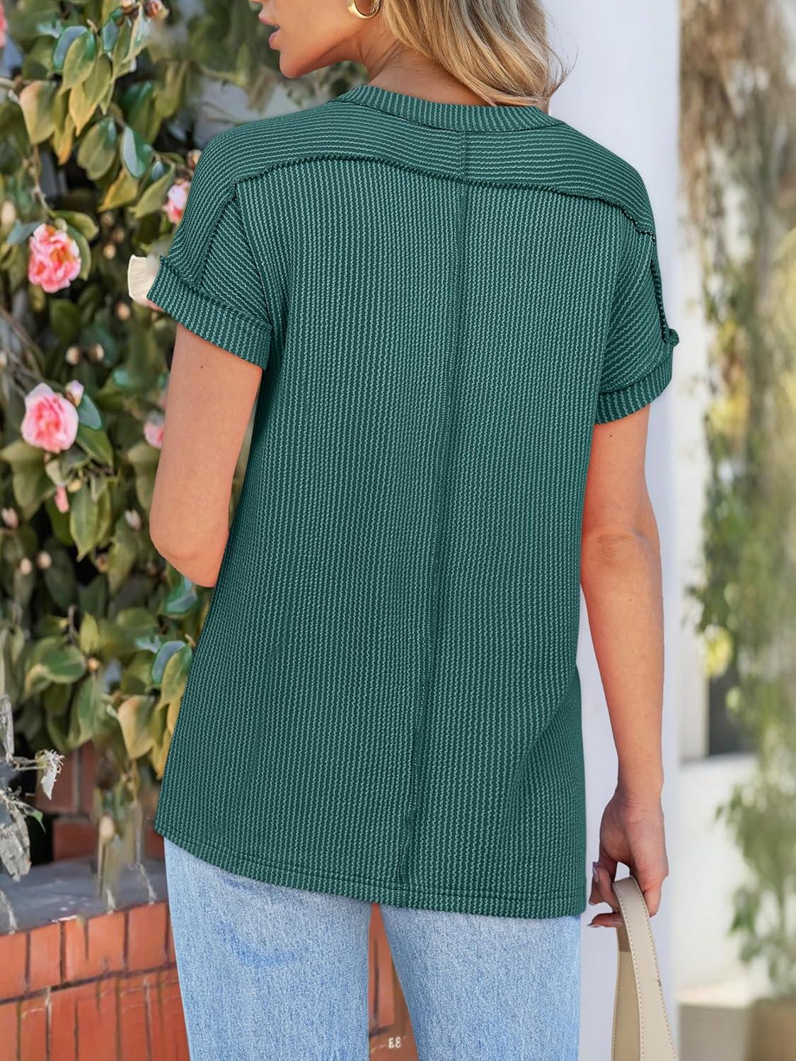 imageANRABESS Womens Short Sleeve Crewneck Shirts Ribbed Knit High Low Hem T Shirt 2025 Summer Spring Casual Tops Trendy ClothesDeep Green