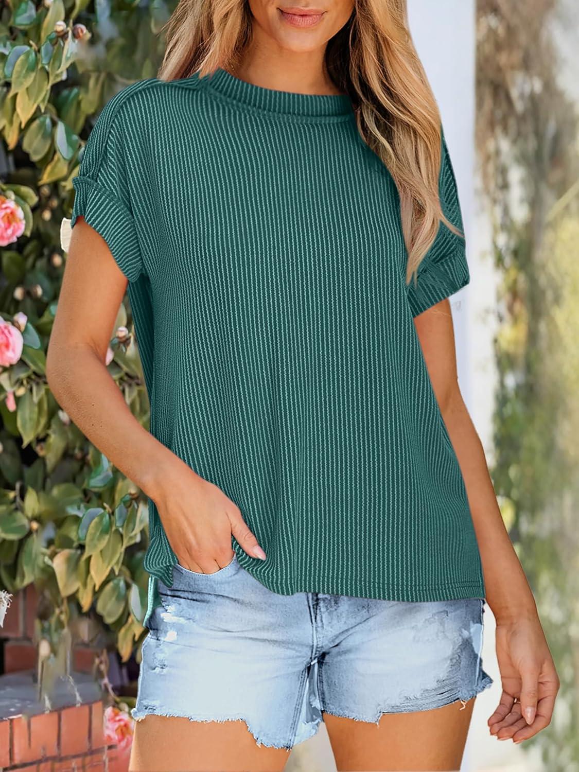imageANRABESS Womens Short Sleeve Crewneck Shirts Ribbed Knit High Low Hem T Shirt 2025 Summer Spring Casual Tops Trendy ClothesDeep Green