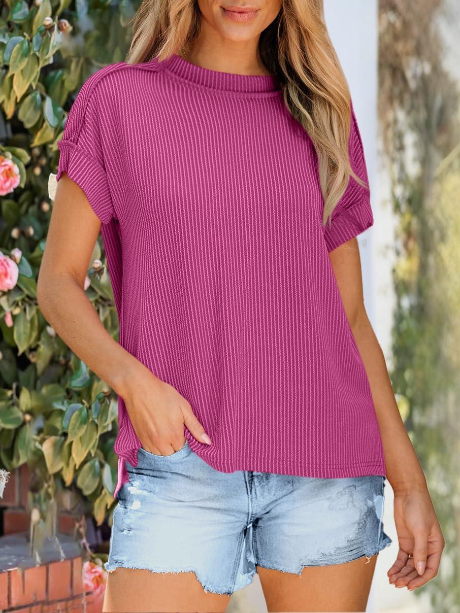 imageANRABESS Womens Short Sleeve Crewneck Shirts Ribbed Knit High Low Hem T Shirt 2025 Summer Spring Casual Tops Trendy ClothesHot Pink