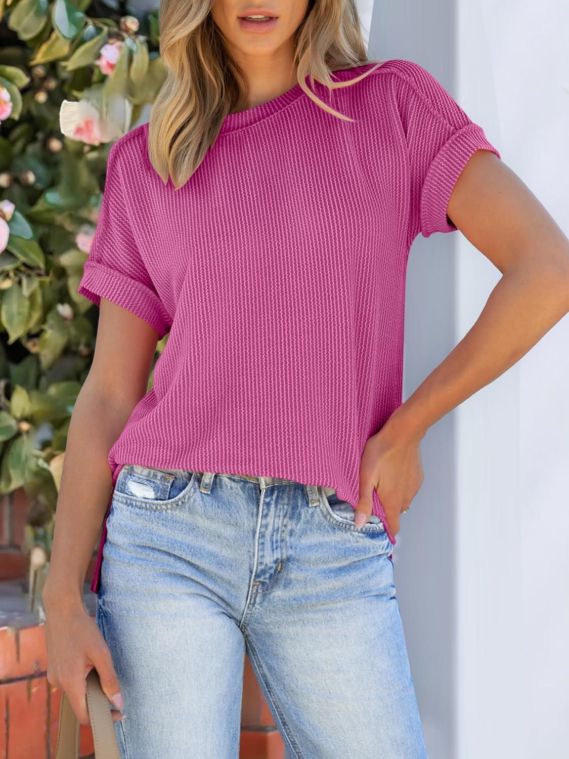 imageANRABESS Womens Short Sleeve Crewneck Shirts Ribbed Knit High Low Hem T Shirt 2025 Summer Spring Casual Tops Trendy ClothesHot Pink