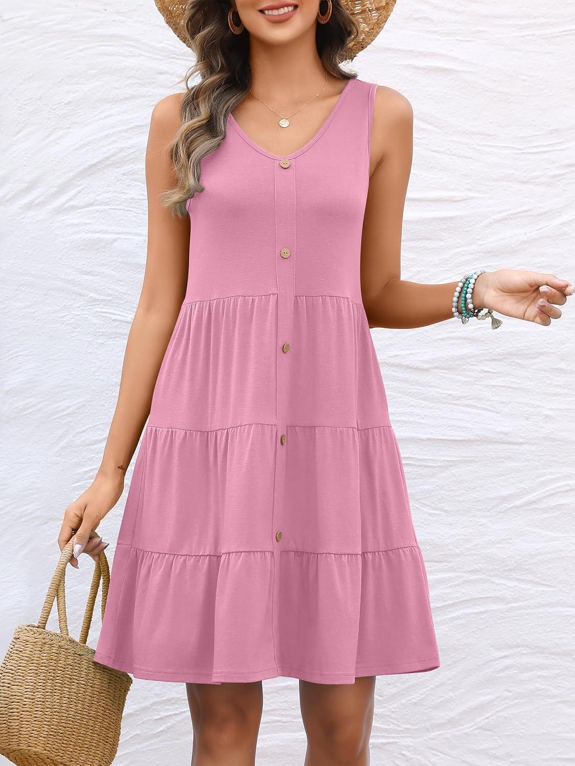 imageANRABESS Womens Summer Beach Vacation Dresses V Neck Sleeveless Casual Button Down A Line Swing Mini Sundresses with PocketsPink