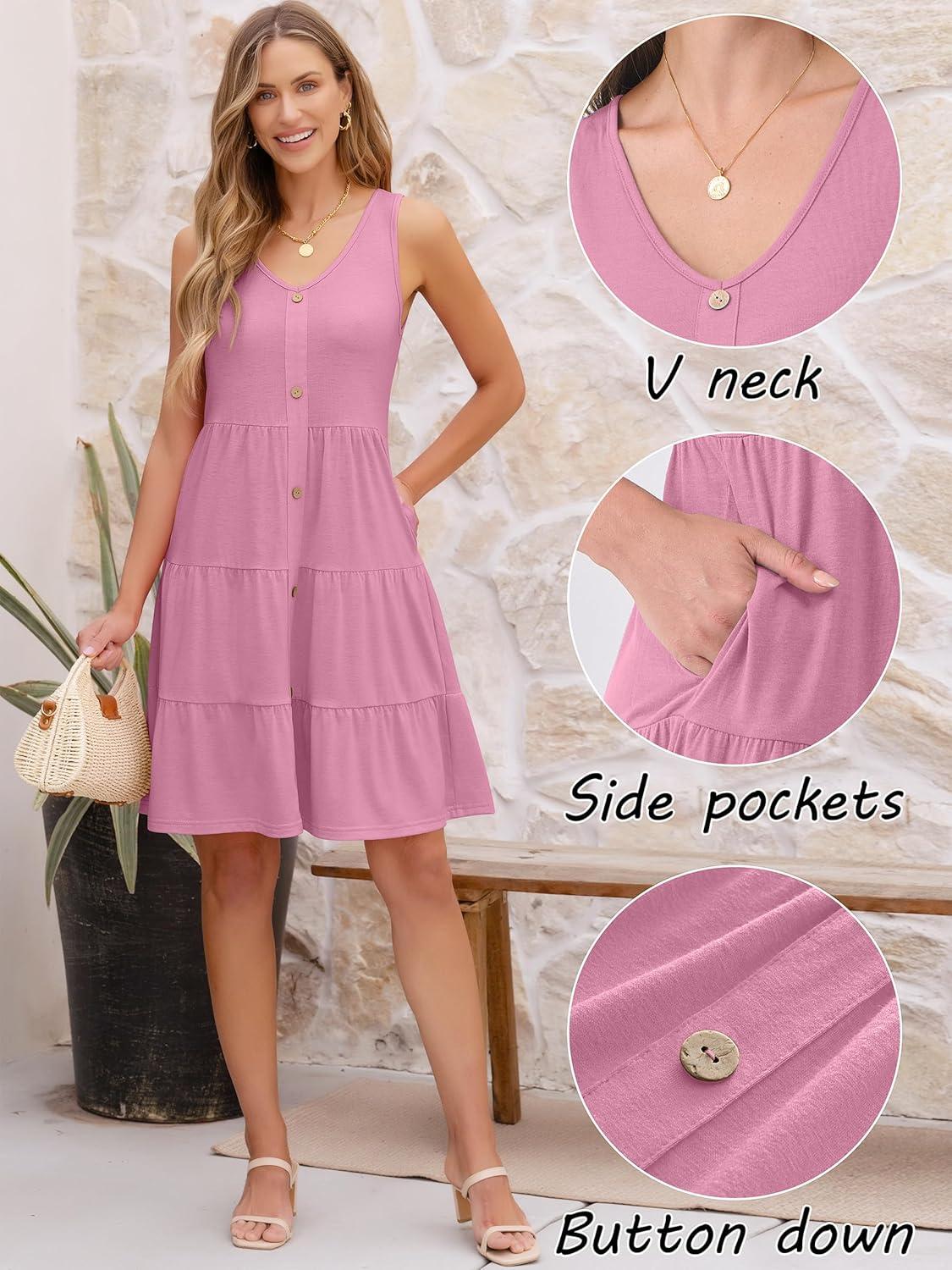 imageANRABESS Womens Summer Beach Vacation Dresses V Neck Sleeveless Casual Button Down A Line Swing Mini Sundresses with PocketsPink