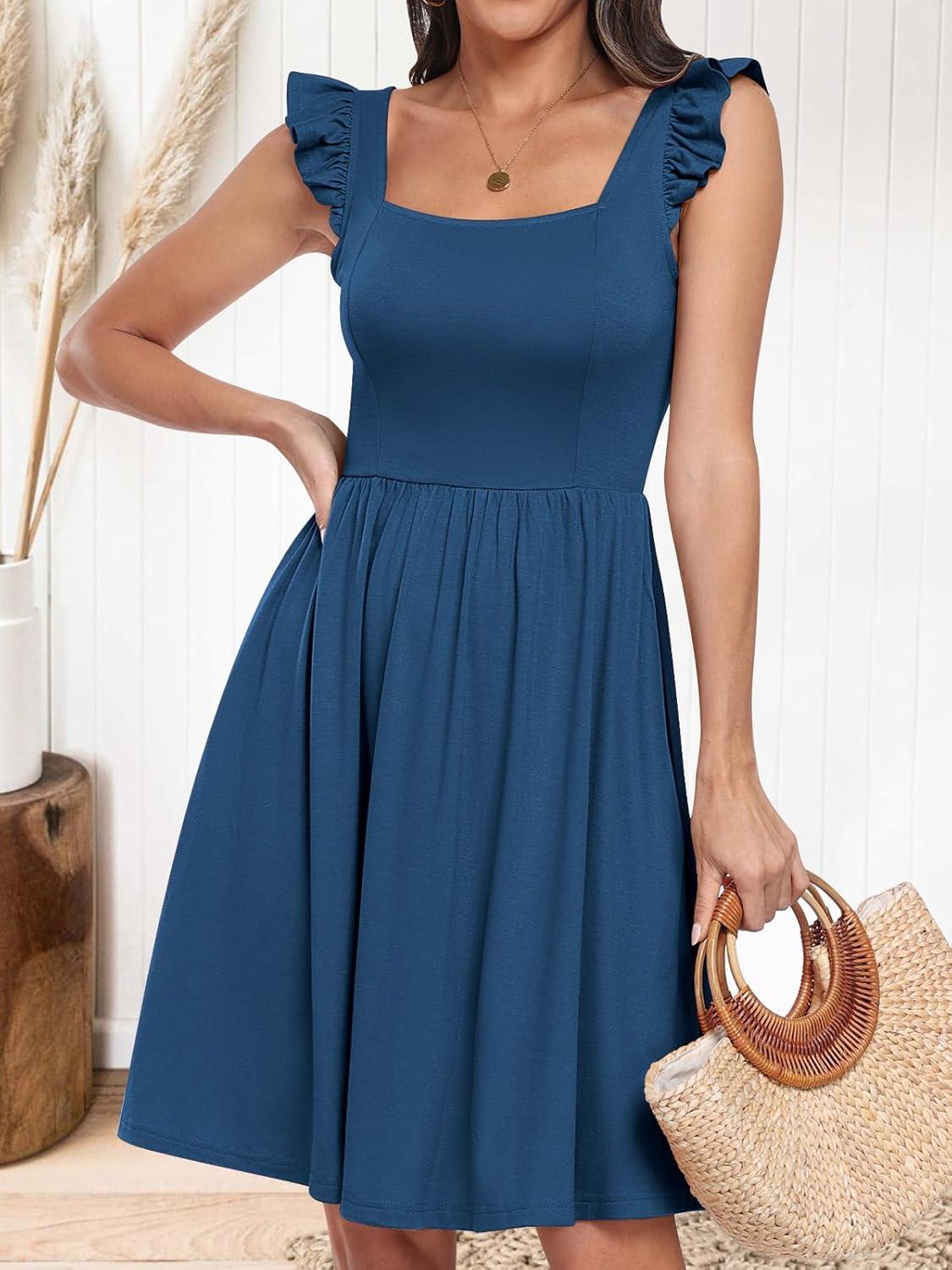 imageANRABESS Womens Summer Short Dress 2025 Square Neck Sleeveless A Line Ruffled Wedding Casual Cute Teen Beach Mini SundressBlue