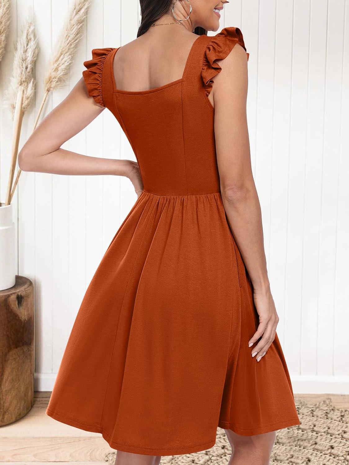 imageANRABESS Womens Summer Short Dress 2025 Square Neck Sleeveless A Line Ruffled Wedding Casual Cute Teen Beach Mini SundressBrick Red