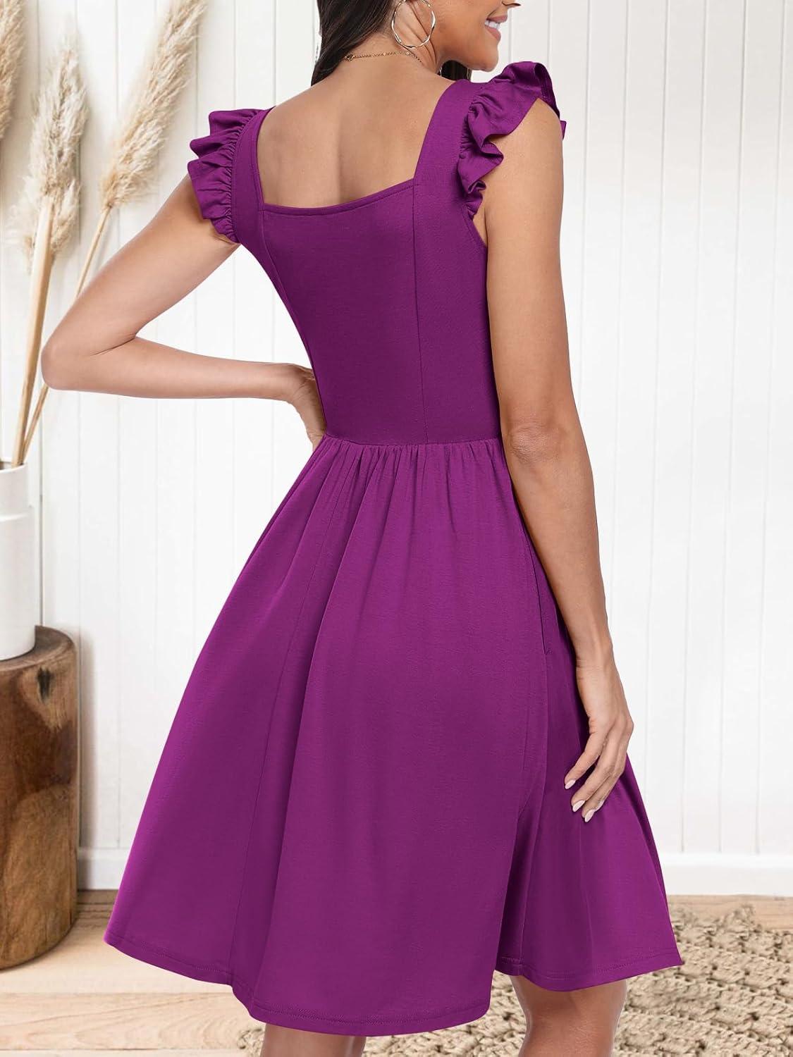 imageANRABESS Womens Summer Short Dress 2025 Square Neck Sleeveless A Line Ruffled Wedding Casual Cute Teen Beach Mini SundressFuchsia