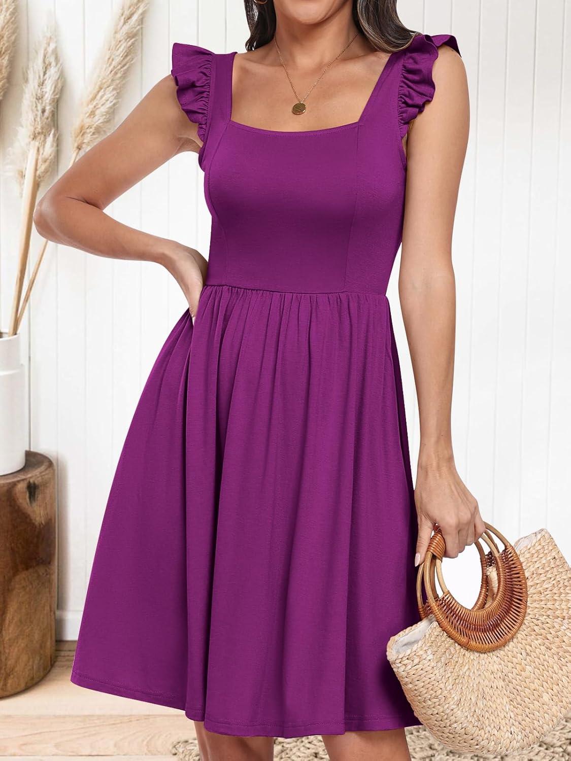 imageANRABESS Womens Summer Short Dress 2025 Square Neck Sleeveless A Line Ruffled Wedding Casual Cute Teen Beach Mini SundressFuchsia