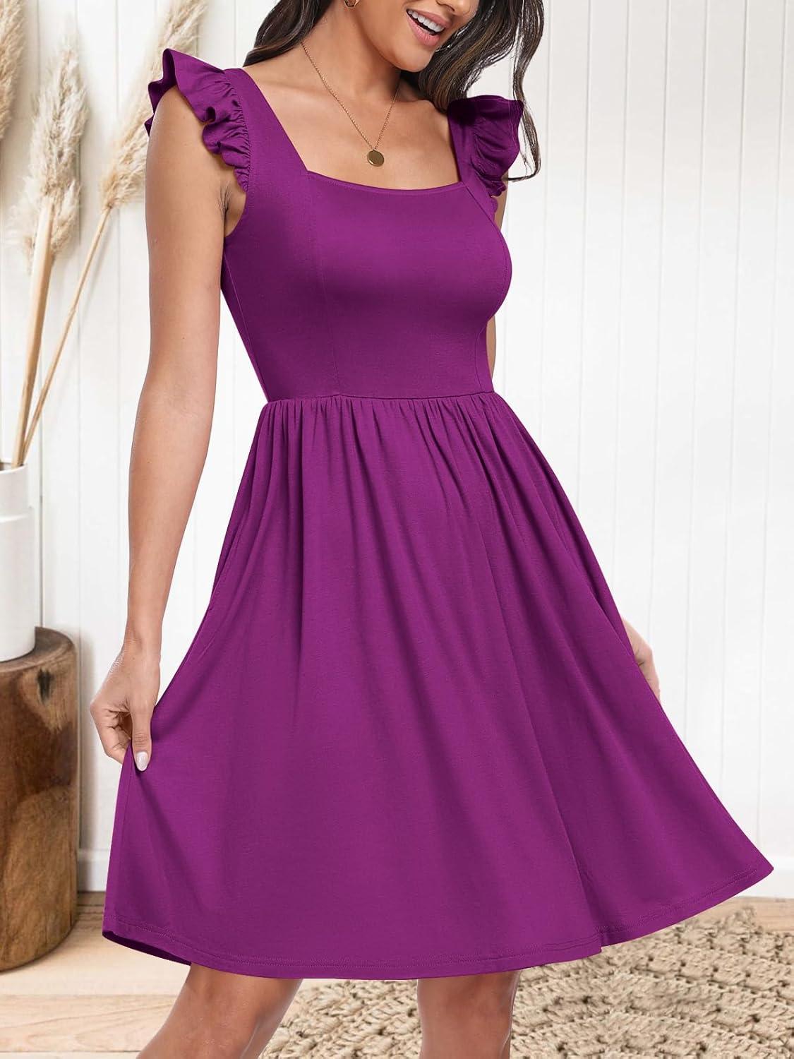 imageANRABESS Womens Summer Short Dress 2025 Square Neck Sleeveless A Line Ruffled Wedding Casual Cute Teen Beach Mini SundressFuchsia