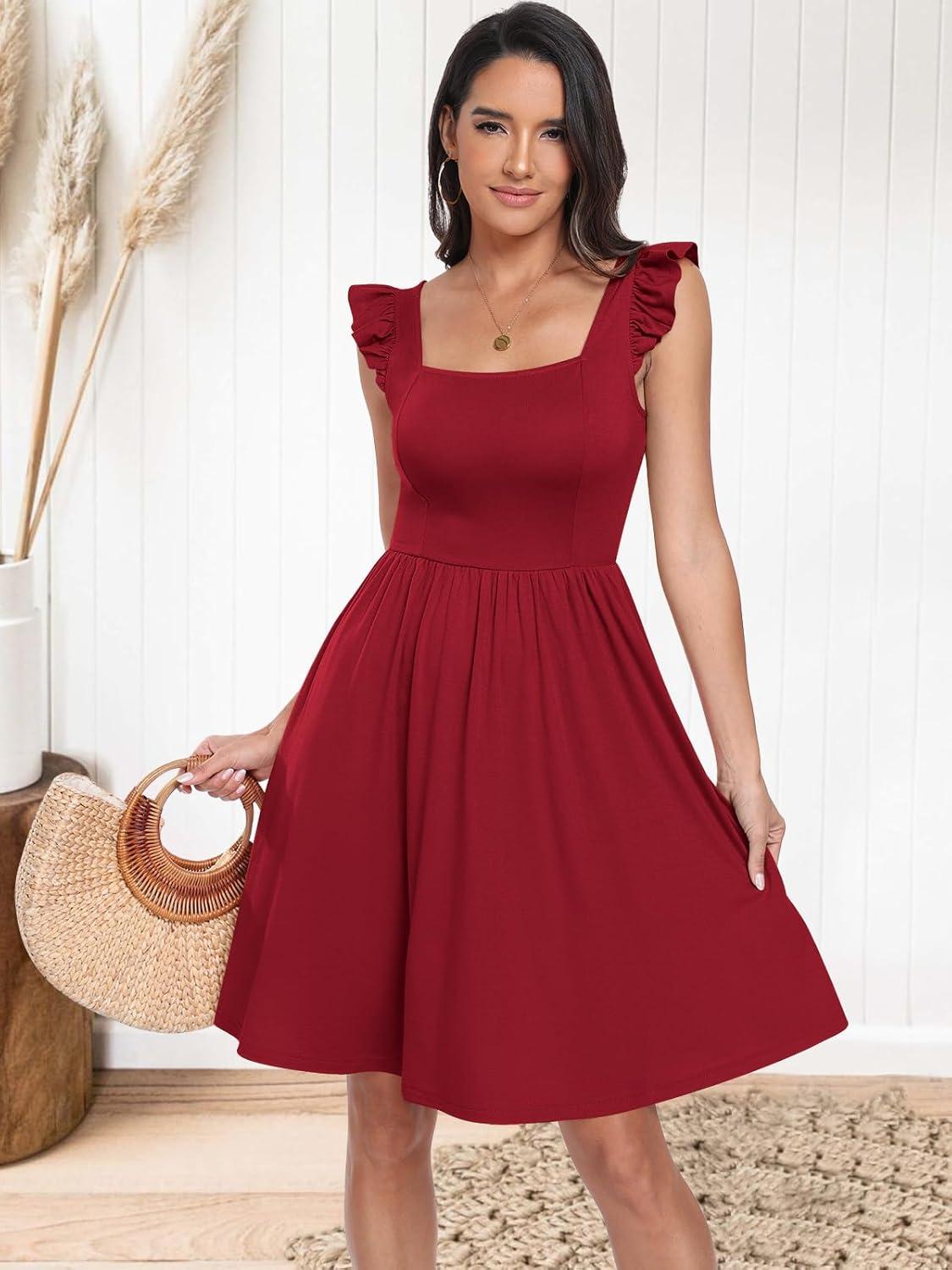 imageANRABESS Womens Summer Short Dress 2025 Square Neck Sleeveless A Line Ruffled Wedding Casual Cute Teen Beach Mini SundressWine Red