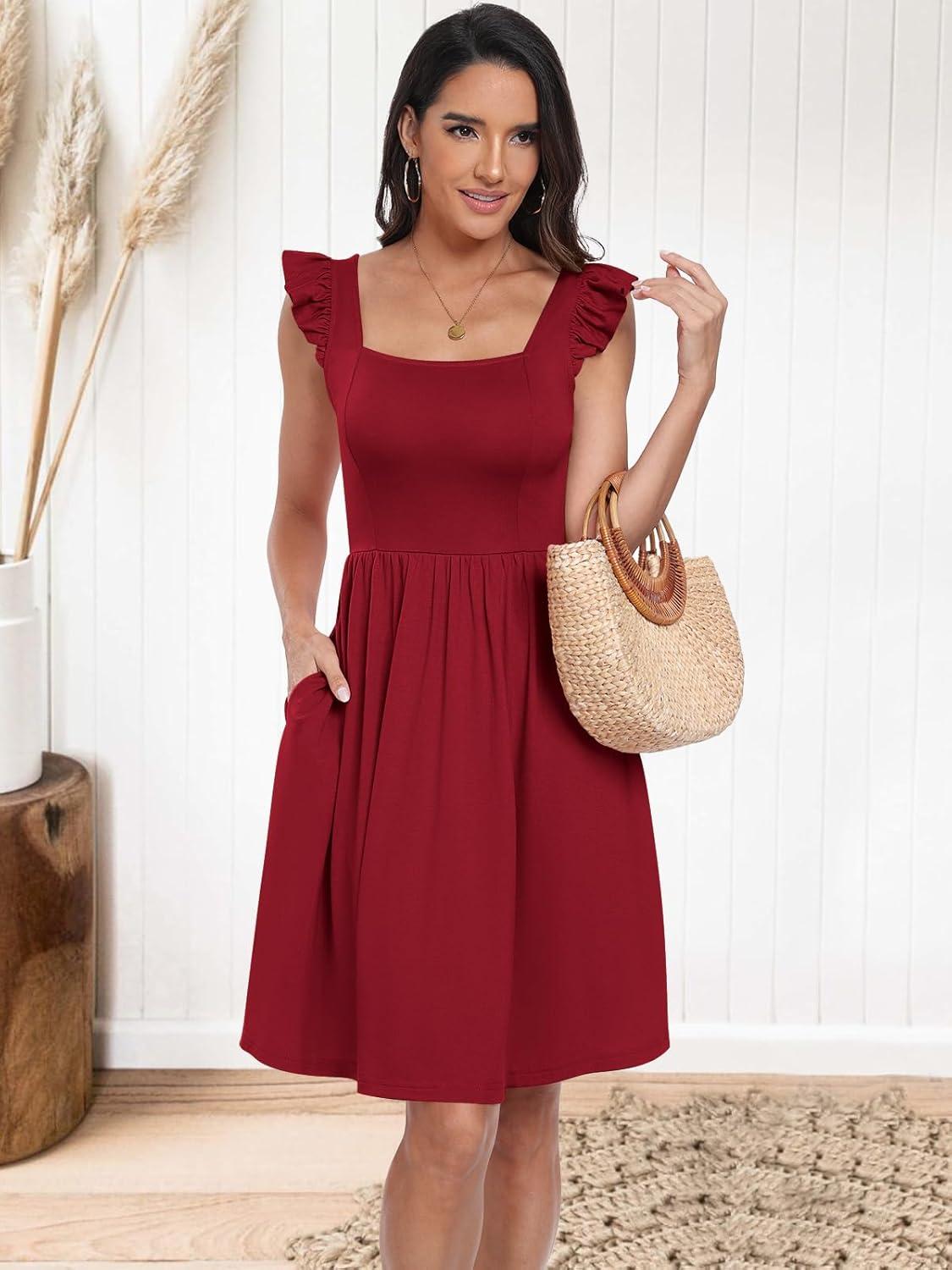 imageANRABESS Womens Summer Short Dress 2025 Square Neck Sleeveless A Line Ruffled Wedding Casual Cute Teen Beach Mini SundressWine Red