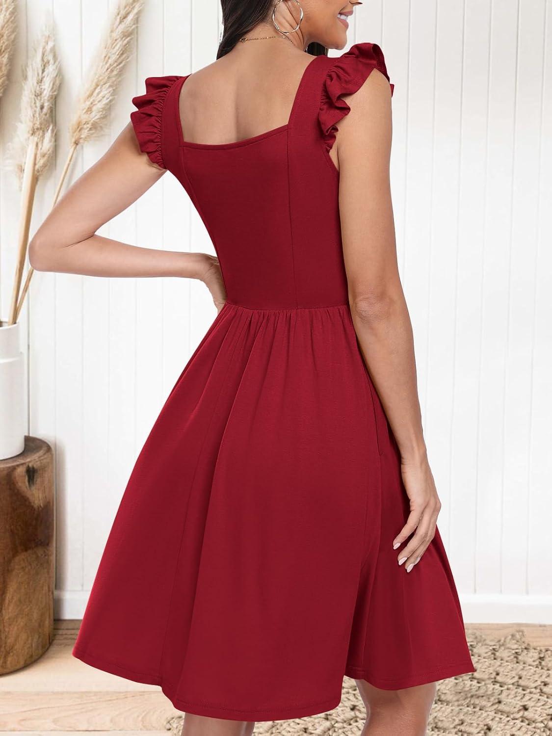 imageANRABESS Womens Summer Short Dress 2025 Square Neck Sleeveless A Line Ruffled Wedding Casual Cute Teen Beach Mini SundressWine Red