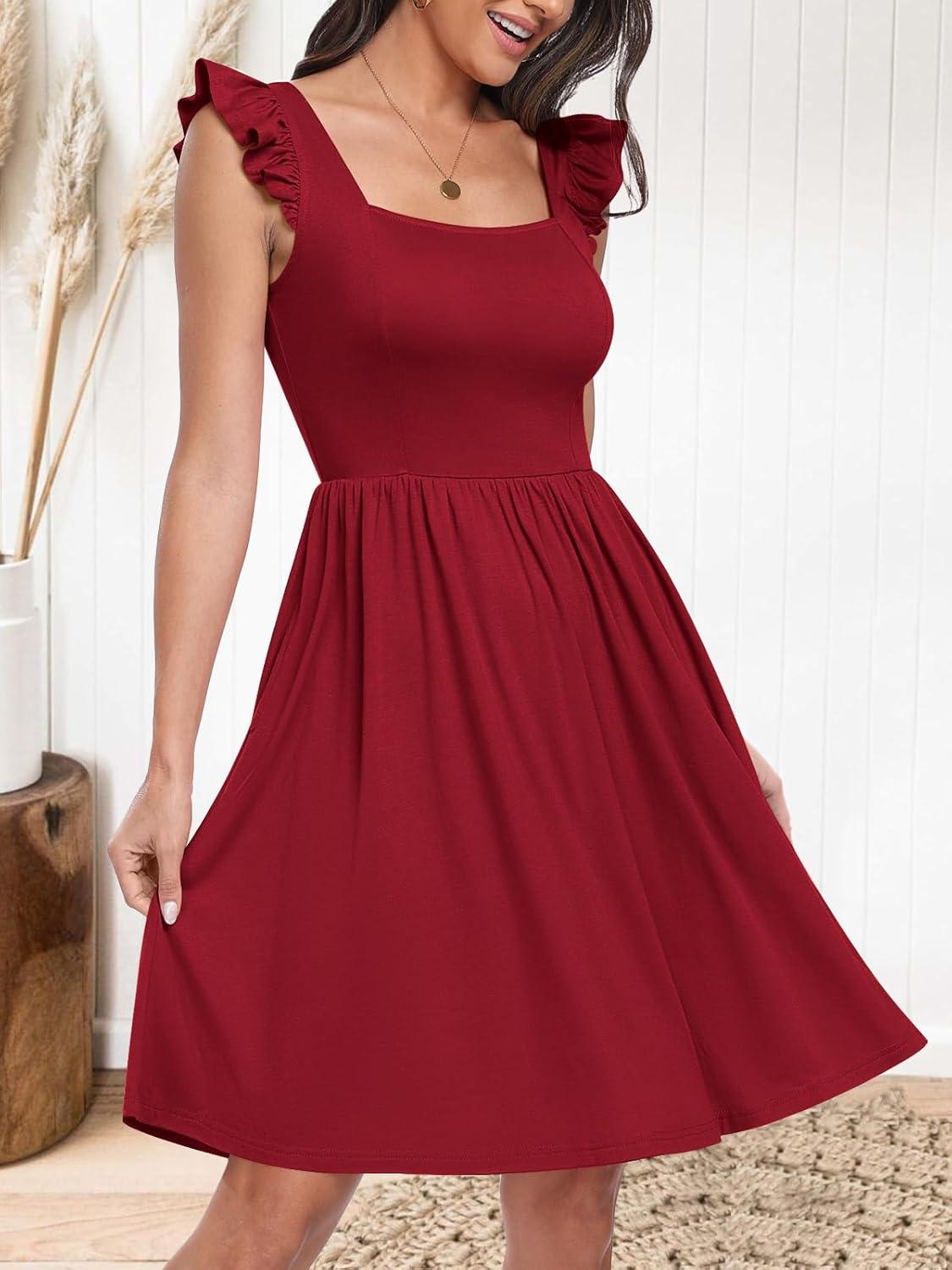 imageANRABESS Womens Summer Short Dress 2025 Square Neck Sleeveless A Line Ruffled Wedding Casual Cute Teen Beach Mini SundressWine Red