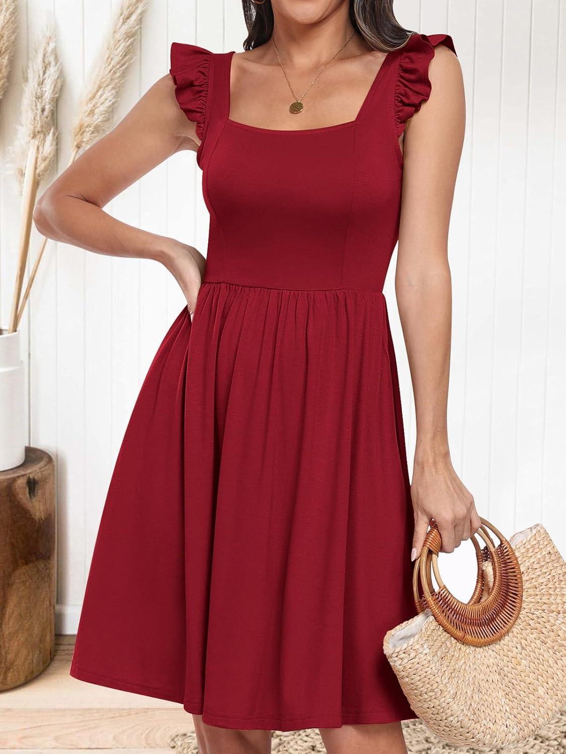 imageANRABESS Womens Summer Short Dress 2025 Square Neck Sleeveless A Line Ruffled Wedding Casual Cute Teen Beach Mini SundressWine Red