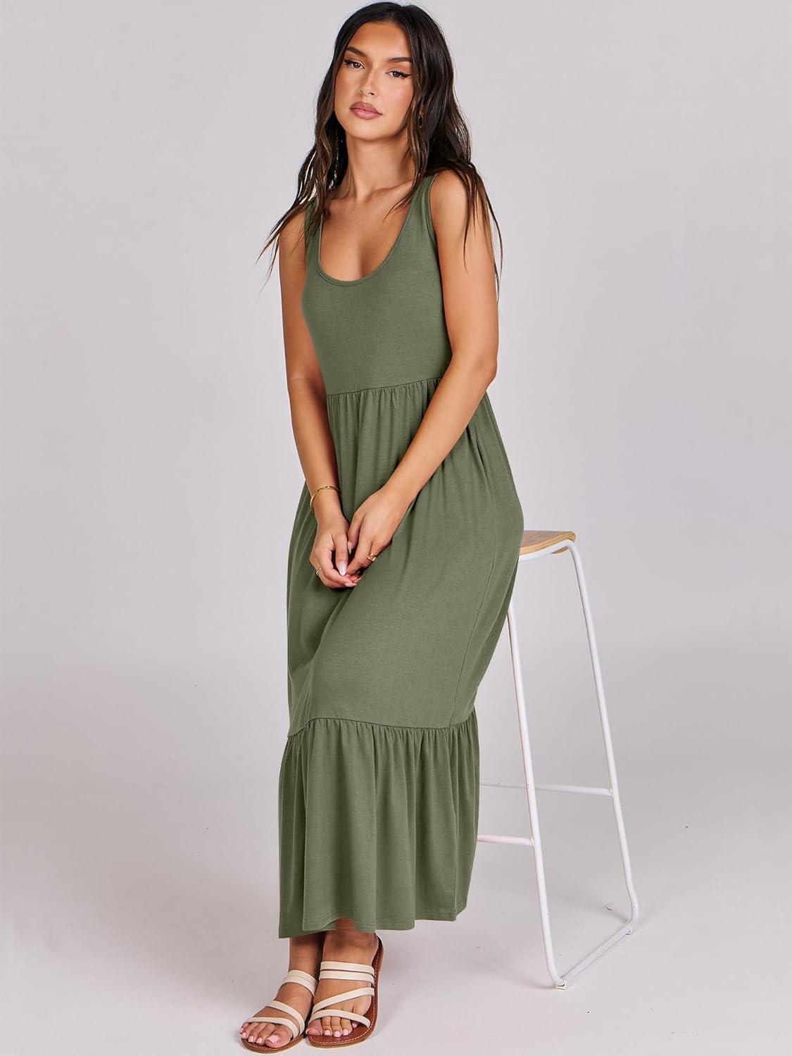 imageANRABESS Womens Summer Sleeveless Maxi Sundress Swing Casual Flowy Tiered Shirts Dress Beach Travel Vacation OutfitsGreen
