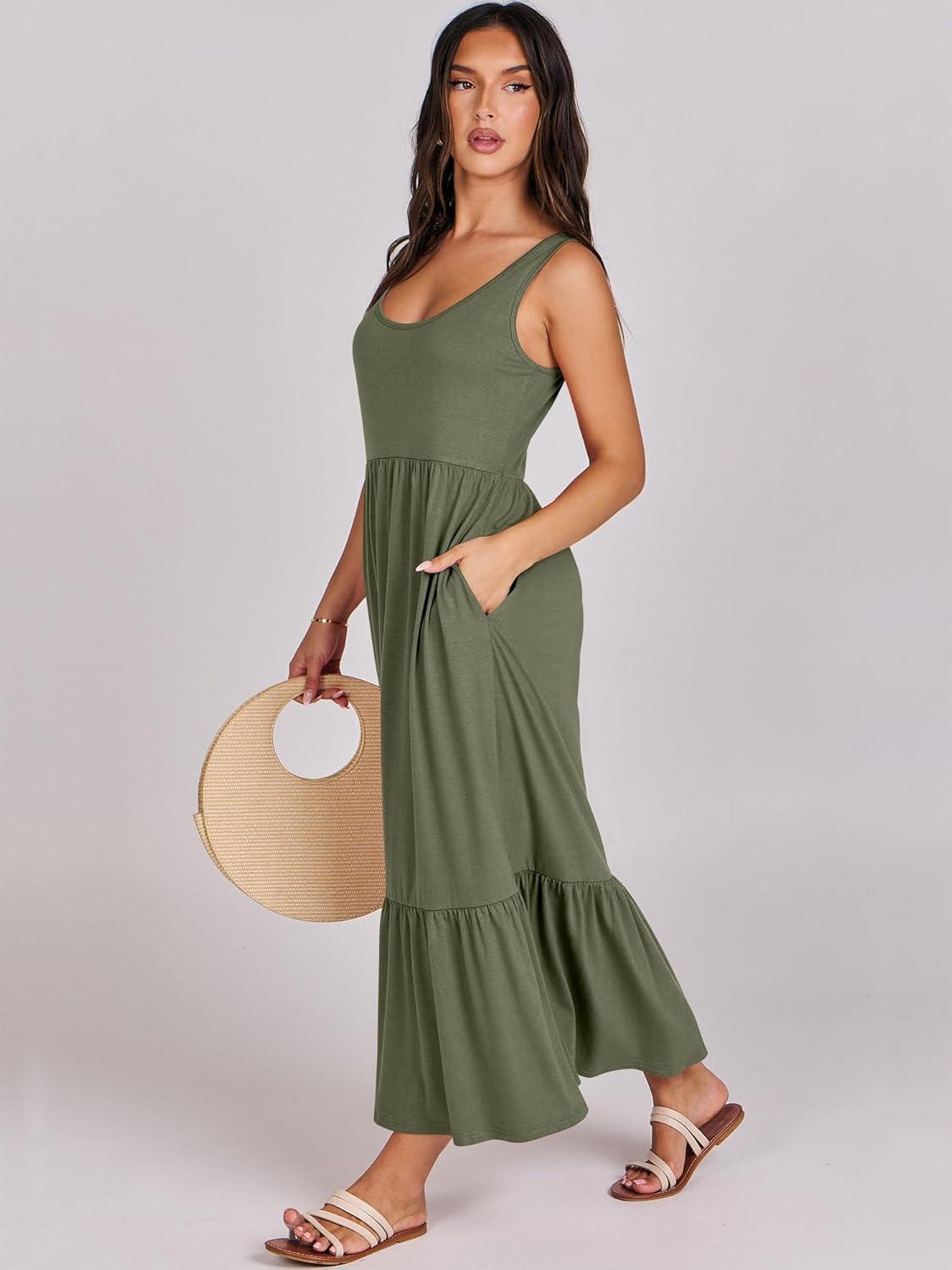 imageANRABESS Womens Summer Sleeveless Maxi Sundress Swing Casual Flowy Tiered Shirts Dress Beach Travel Vacation OutfitsGreen