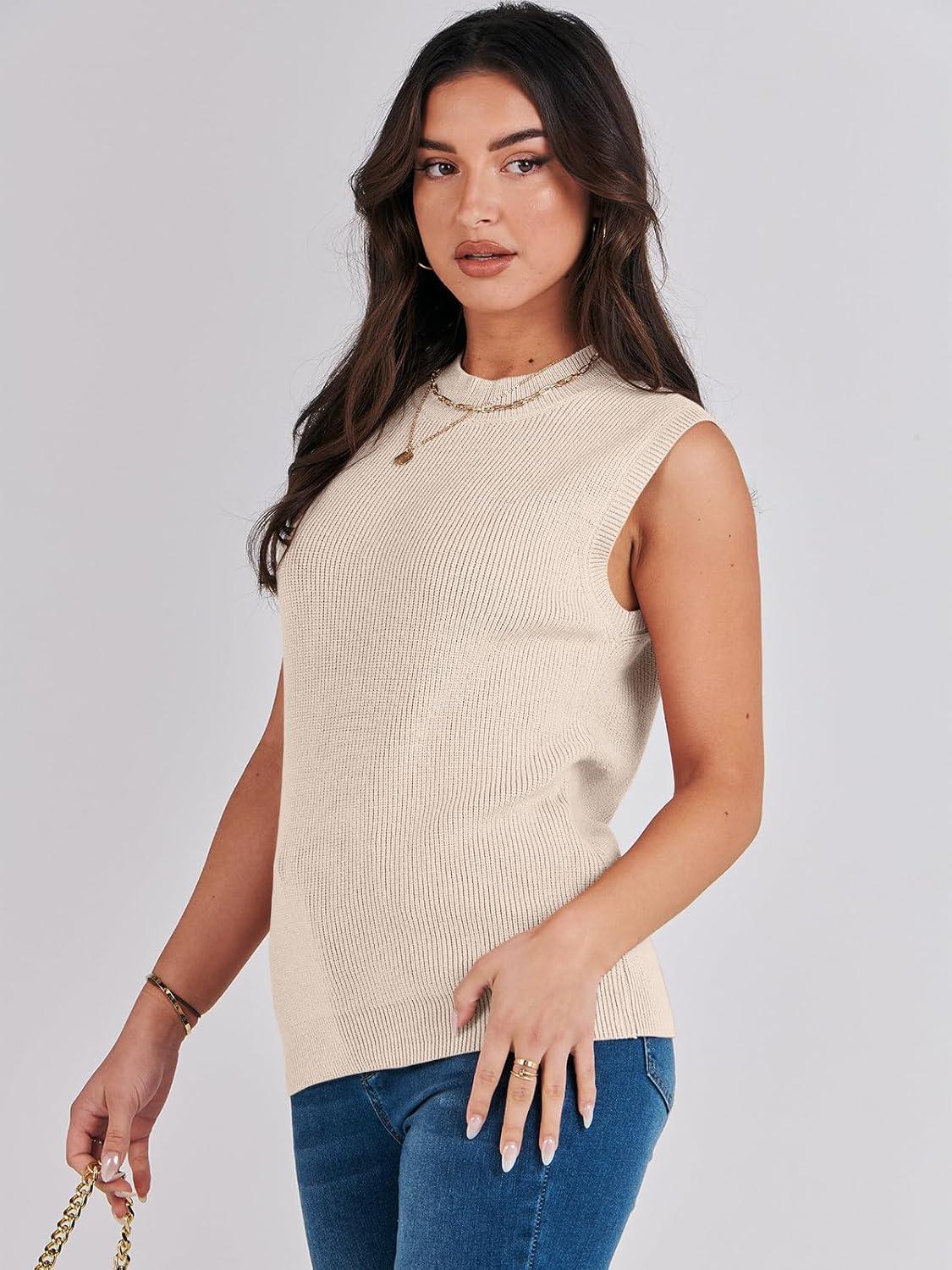 imageANRABESS Womens Summer Sleeveless Tops Casual Mock Neck Loose Fit Knit Lightweight Sweater Pullover TopApricot
