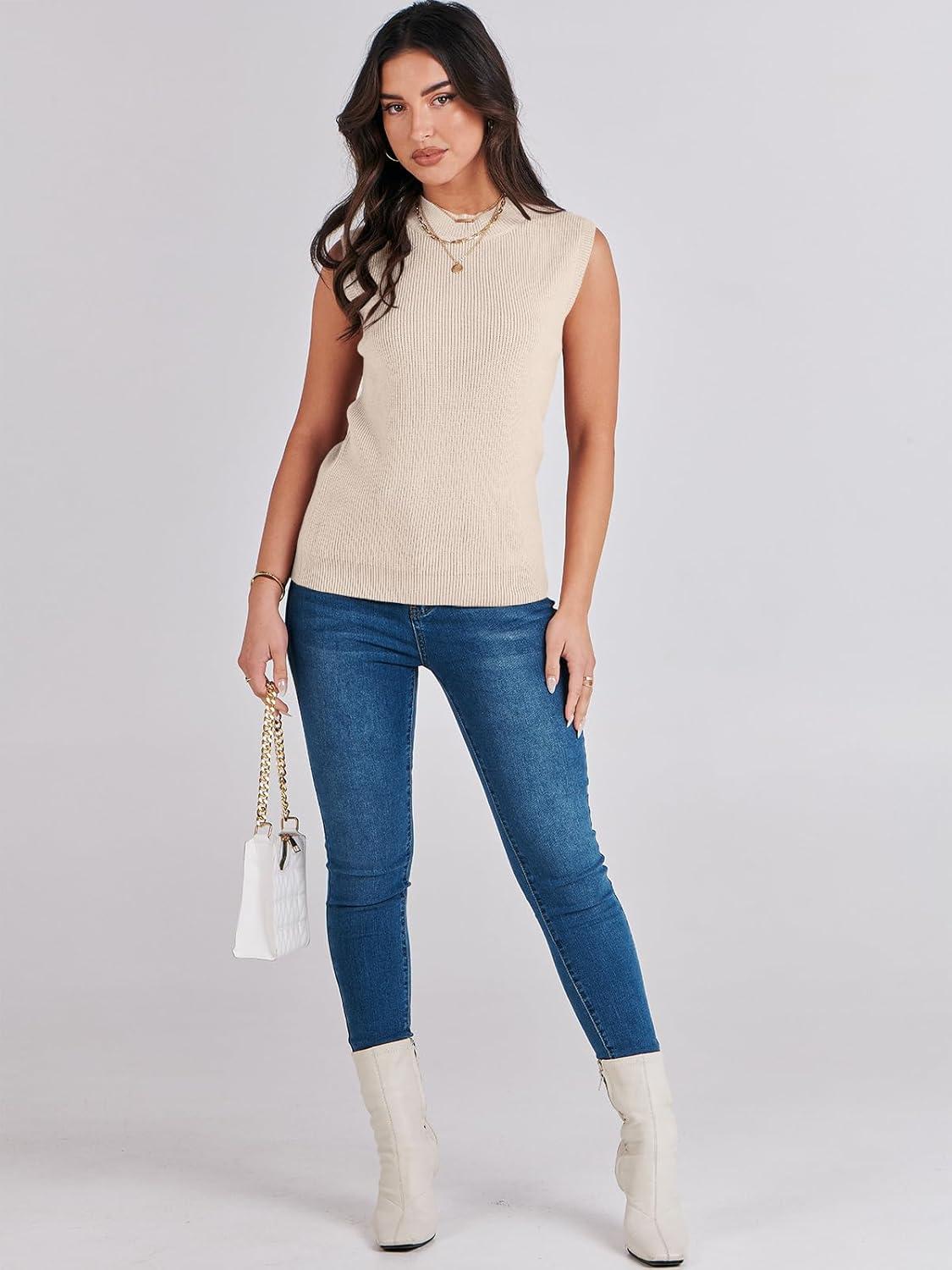 imageANRABESS Womens Summer Sleeveless Tops Casual Mock Neck Loose Fit Knit Lightweight Sweater Pullover TopApricot