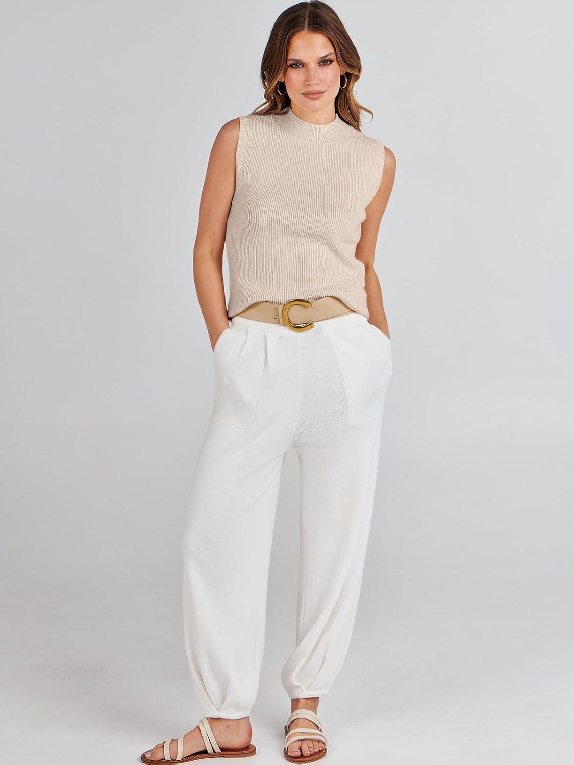 imageANRABESS Womens Summer Sleeveless Tops Casual Mock Neck Loose Fit Knit Lightweight Sweater Pullover TopApricot