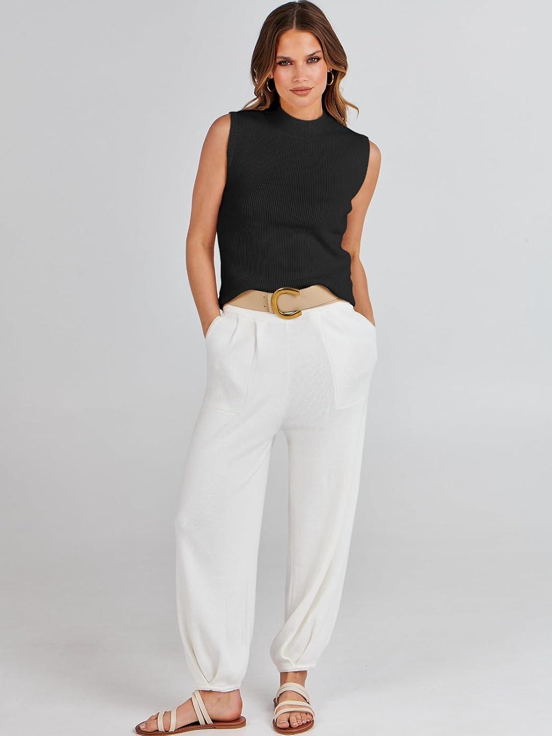 imageANRABESS Womens Summer Sleeveless Tops Casual Mock Neck Loose Fit Knit Lightweight Sweater Pullover TopBlack