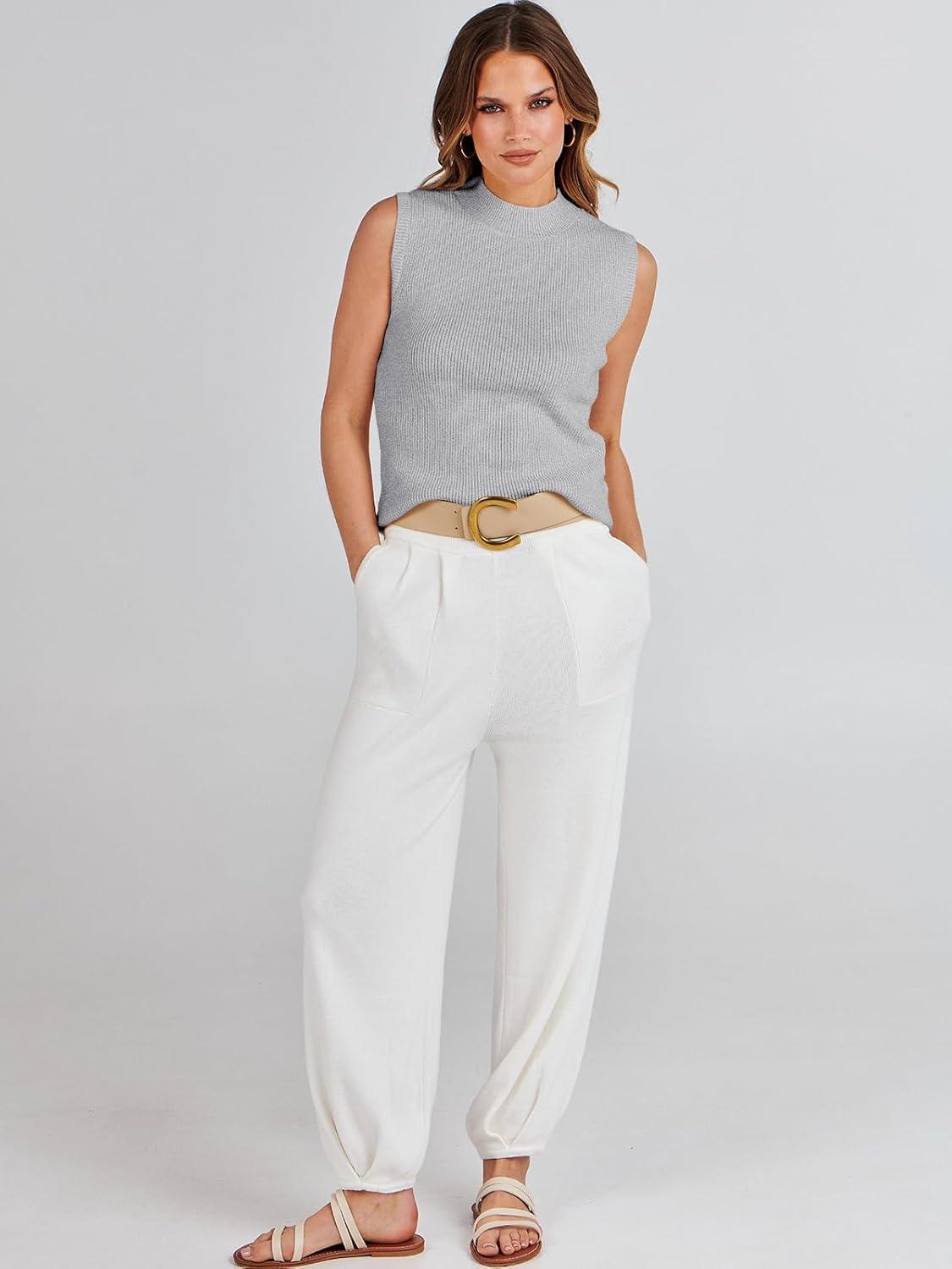 imageANRABESS Womens Summer Sleeveless Tops Casual Mock Neck Loose Fit Knit Lightweight Sweater Pullover TopGrey