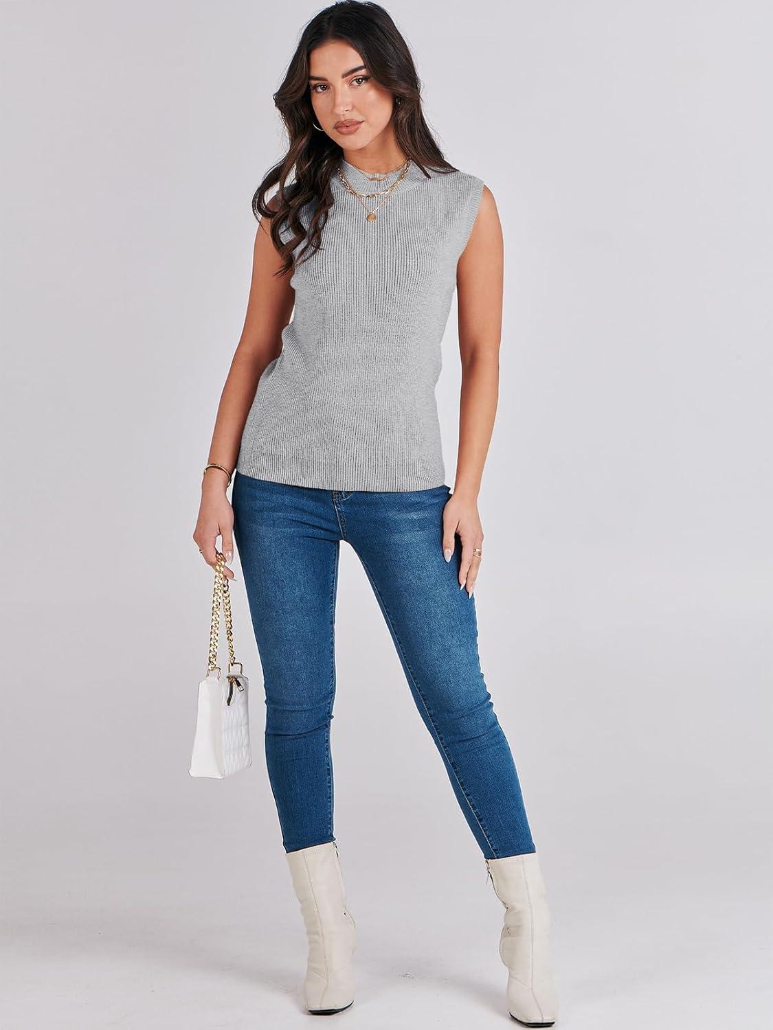 imageANRABESS Womens Summer Sleeveless Tops Casual Mock Neck Loose Fit Knit Lightweight Sweater Pullover TopGrey