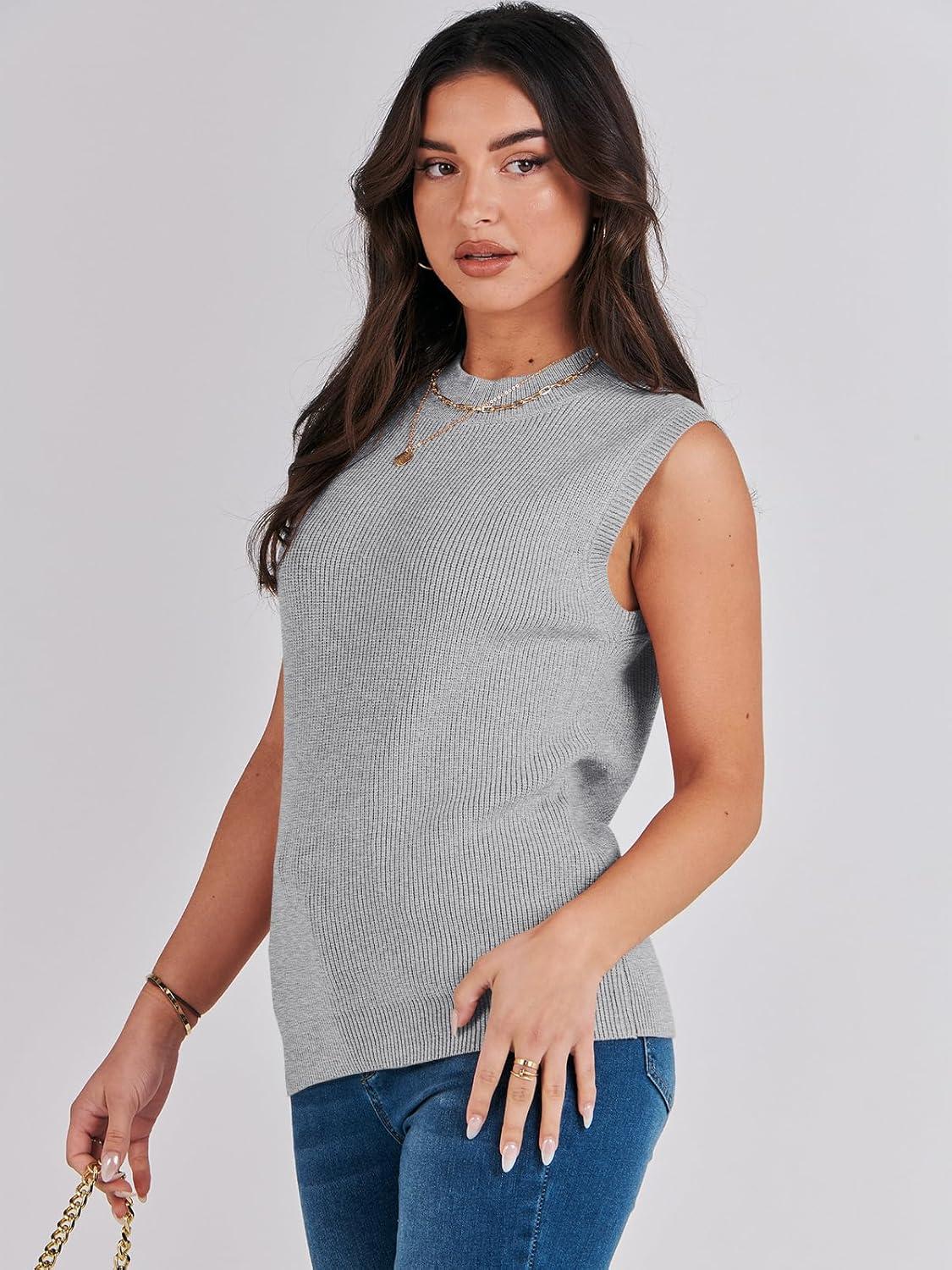 imageANRABESS Womens Summer Sleeveless Tops Casual Mock Neck Loose Fit Knit Lightweight Sweater Pullover TopGrey